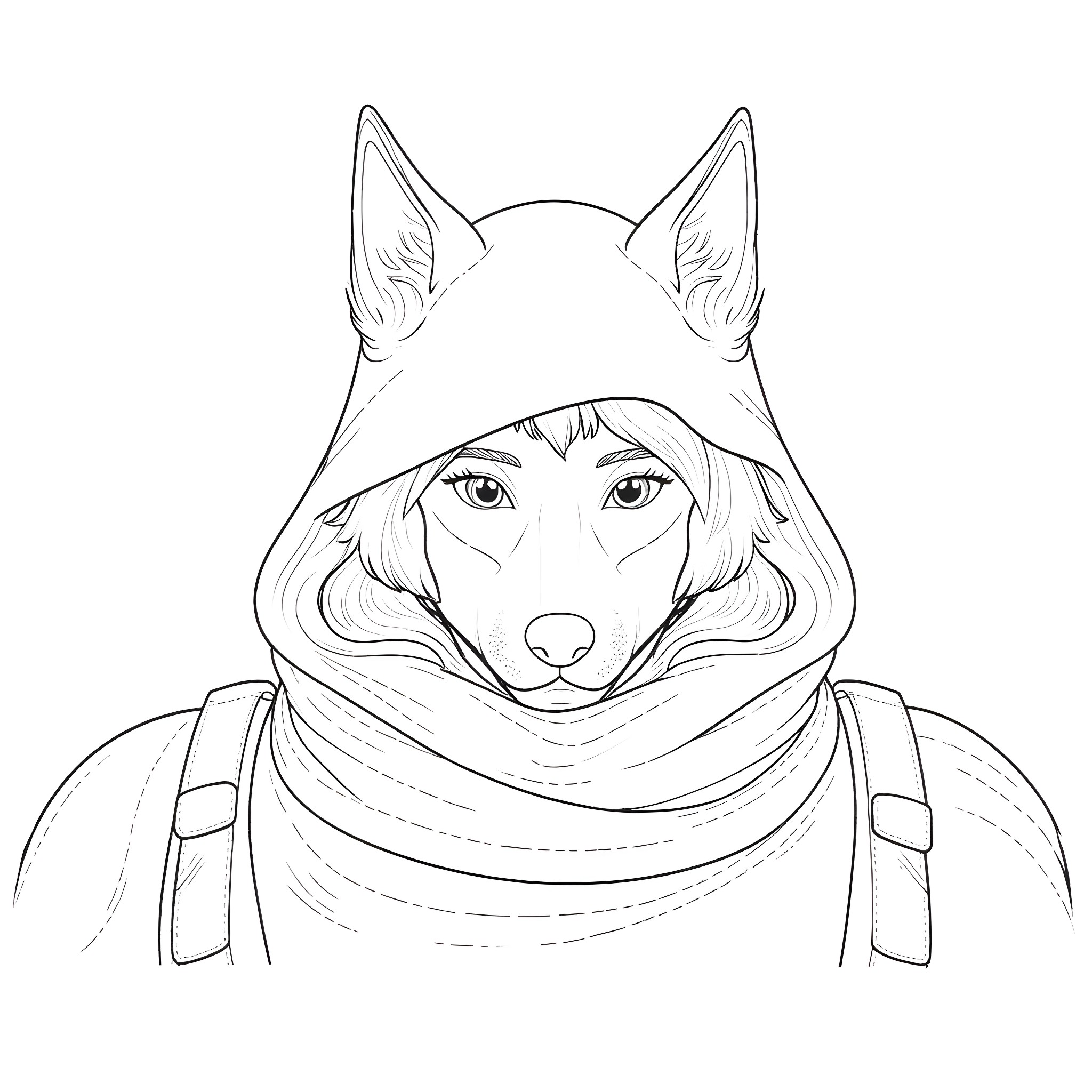 Wolf-like creature in hooded outdoor jacket Coloring Page (free black-and-white line drawing printable PDF for all, from beginners to advanced learners, including children, teens, adults, and seniors)