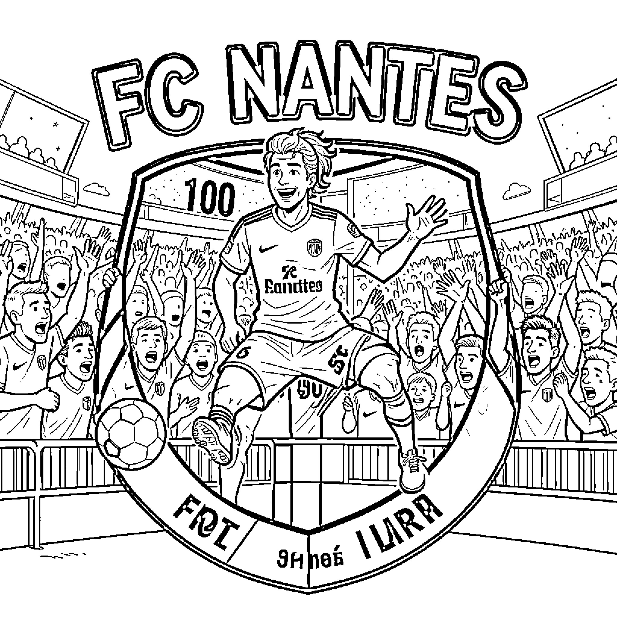 FC Nantes player celebrating a goal in front of fans Coloring Page (free black-and-white line drawing printable PDF for all, from beginners to advanced learners, including children, teens, adults, and seniors)