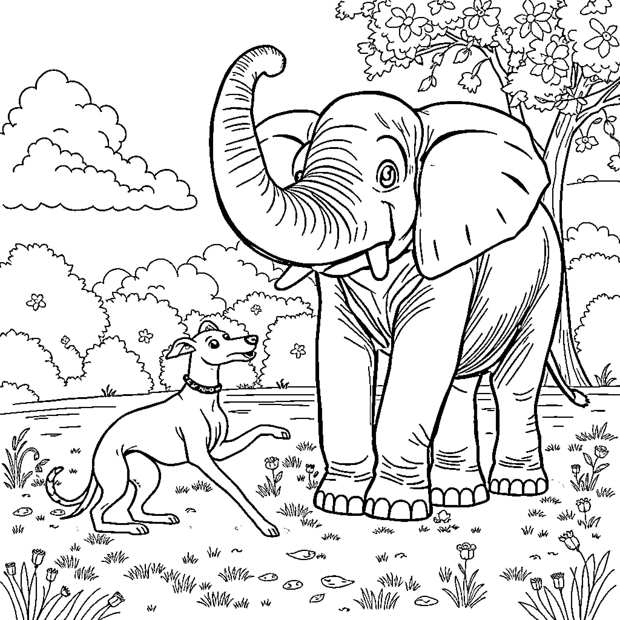 Elephant and Dog Exploring a Floral Landscape Coloring Page (free black-and-white line drawing printable PDF for all, from beginners to advanced learners, including children, teens, adults, and seniors)
