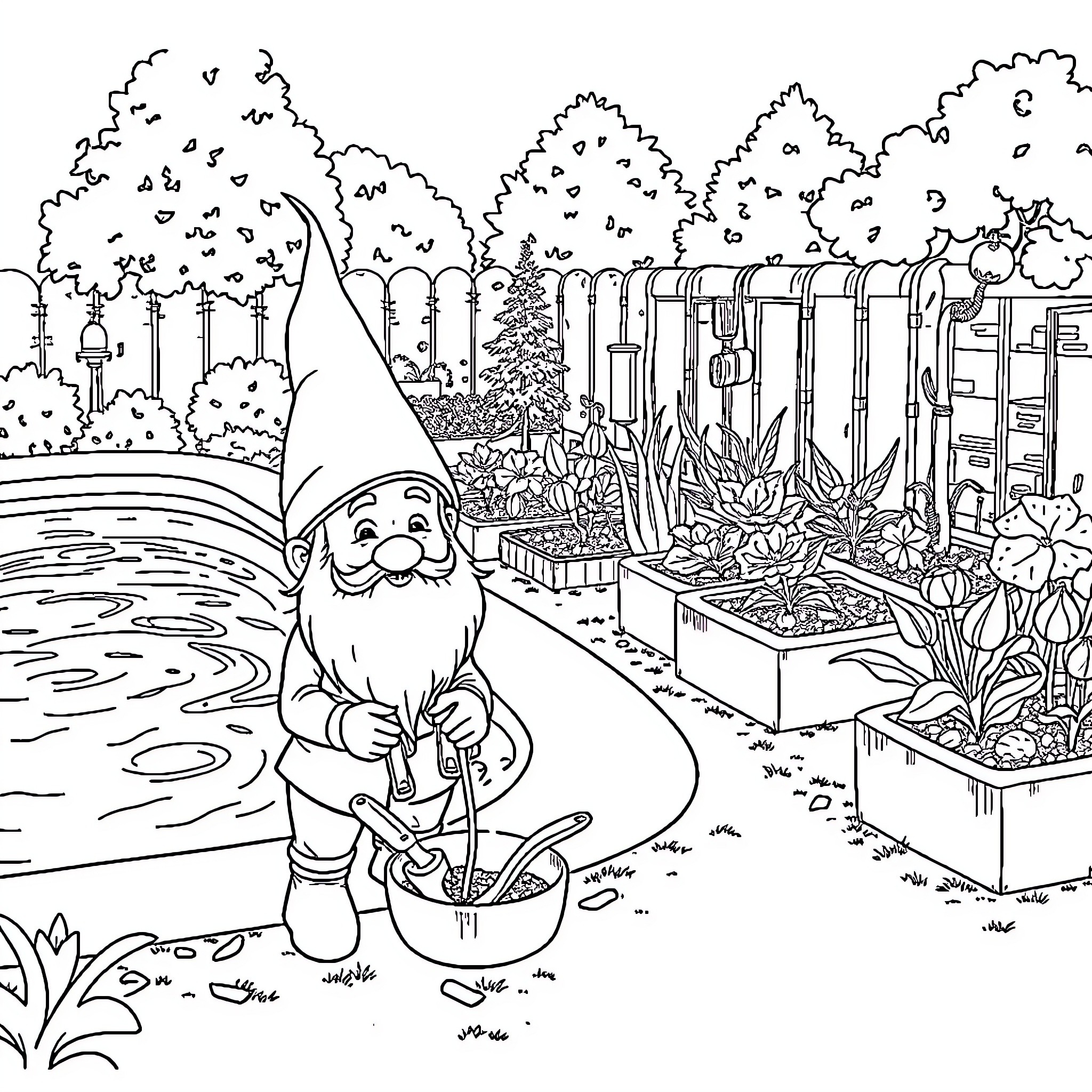 Gnome tending to his garden and pond Coloring Page (free black-and-white line drawing printable PDF for all, from beginners to advanced learners, including children, teens, adults, and seniors)