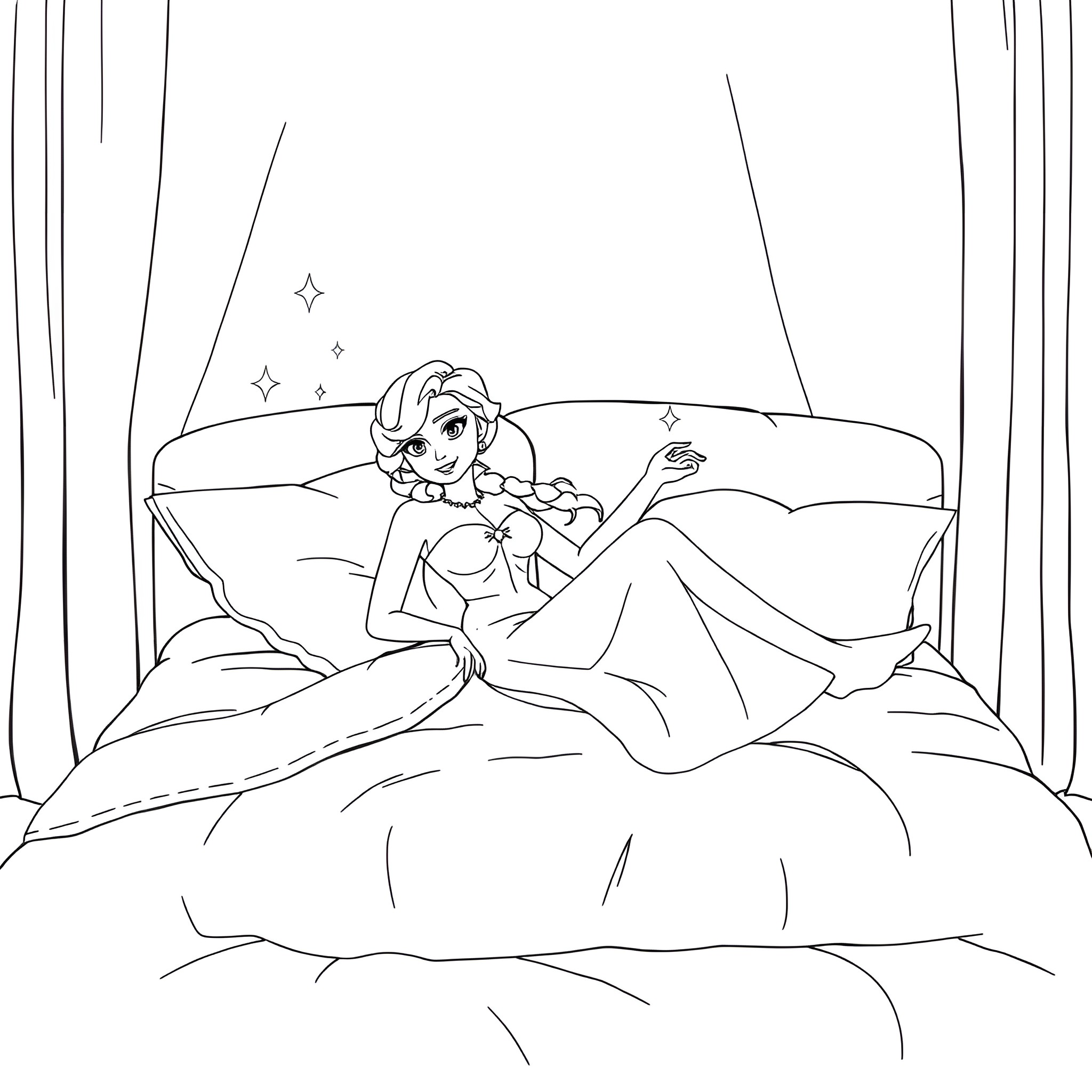 Elsa resting peacefully in her bedroom Coloring Page (free black-and-white line drawing printable PDF for all, from beginners to advanced learners, including children, teens, adults, and seniors)