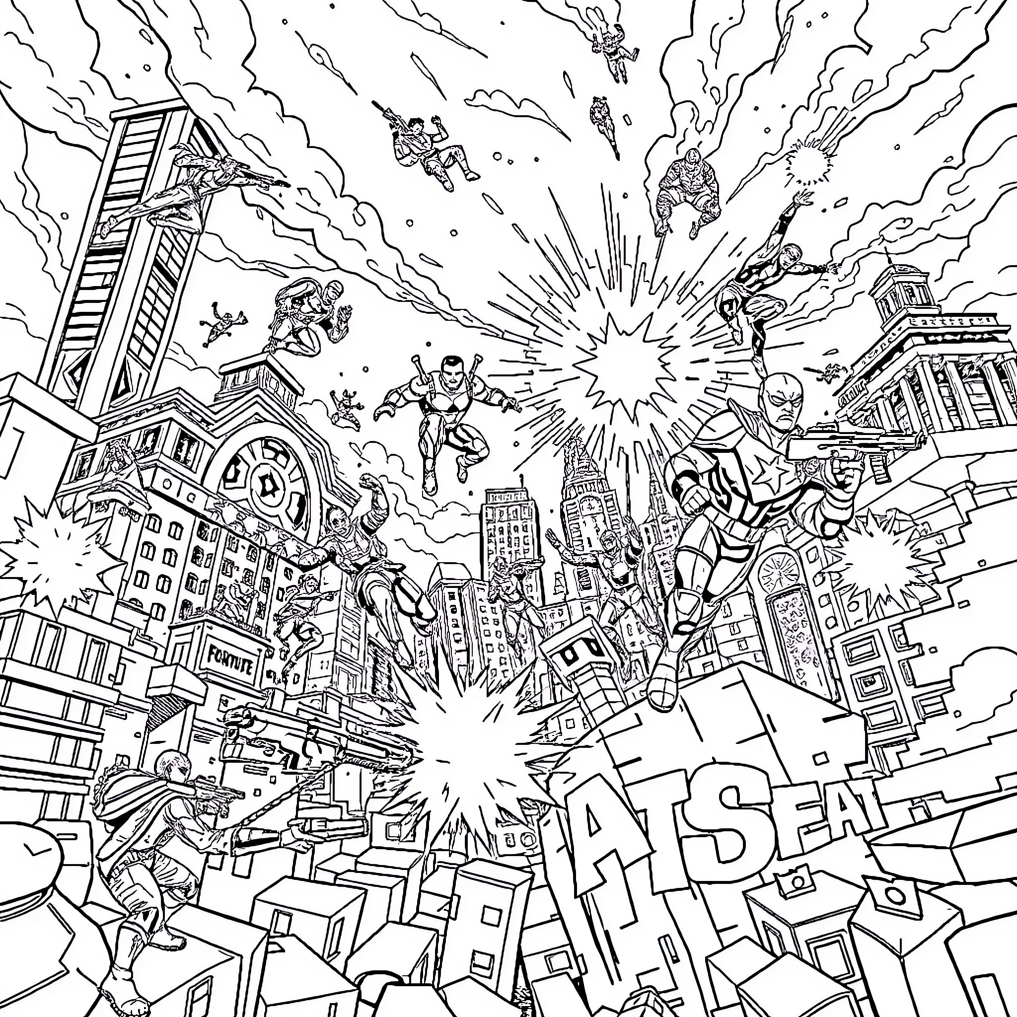 Marvel Heroes in Epic Battle Over Cityscape Coloring Page (free black-and-white line drawing printable PDF for all, from beginners to advanced learners, including children, teens, adults, and seniors)