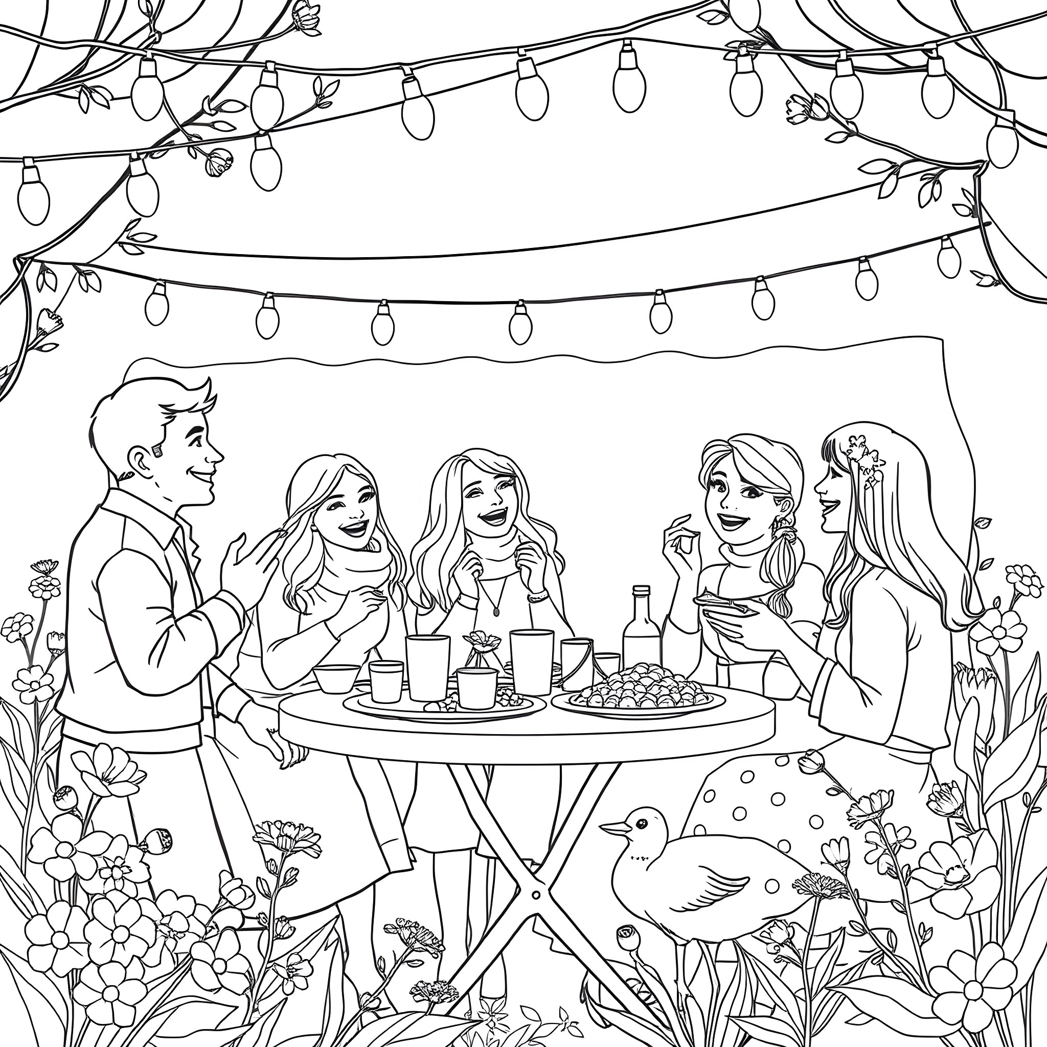 Pentecost celebration with friends enjoying food and drinks Coloring Page (free black-and-white line drawing printable PDF for all, from beginners to advanced learners, including children, teens, adults, and seniors)