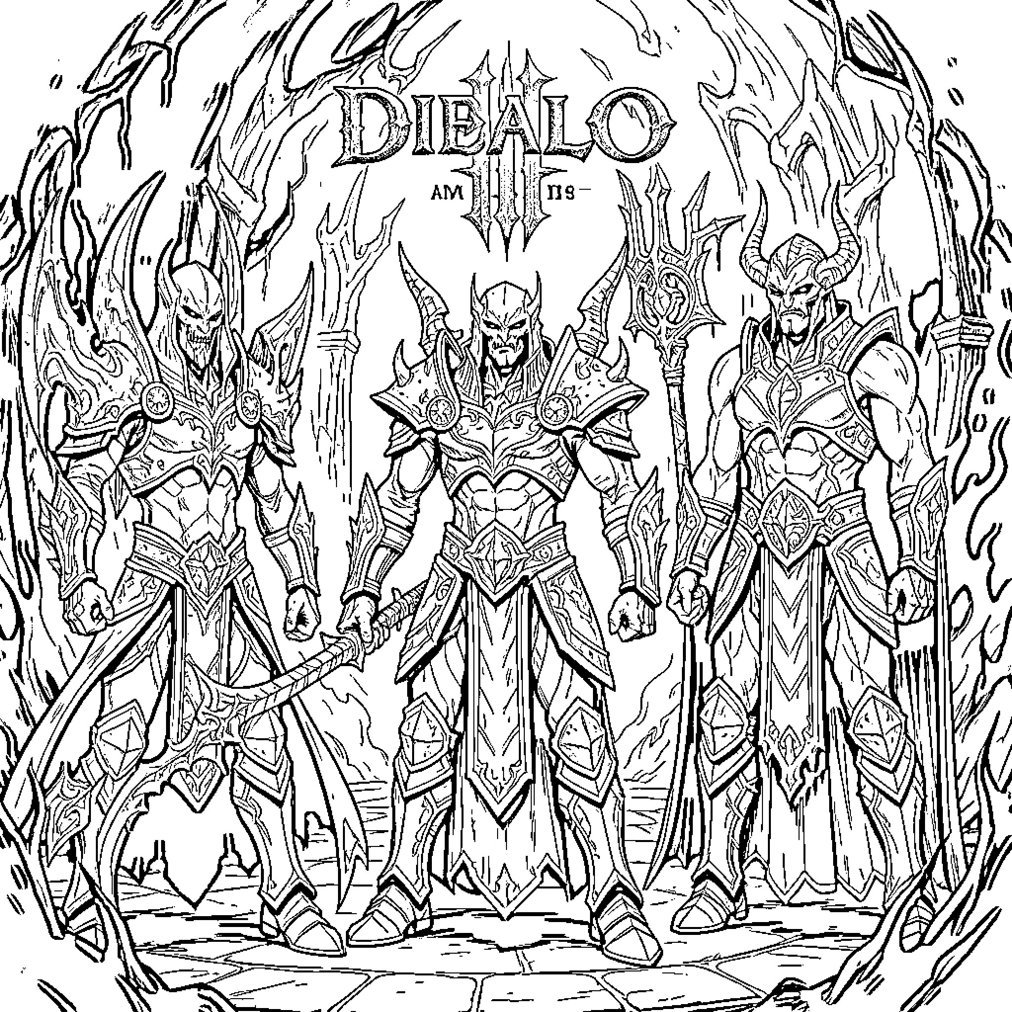 Diablo warriors standing tall in ornate battle armor Coloring Page (free black-and-white line drawing printable PDF for all, from beginners to advanced learners, including children, teens, adults, and seniors)