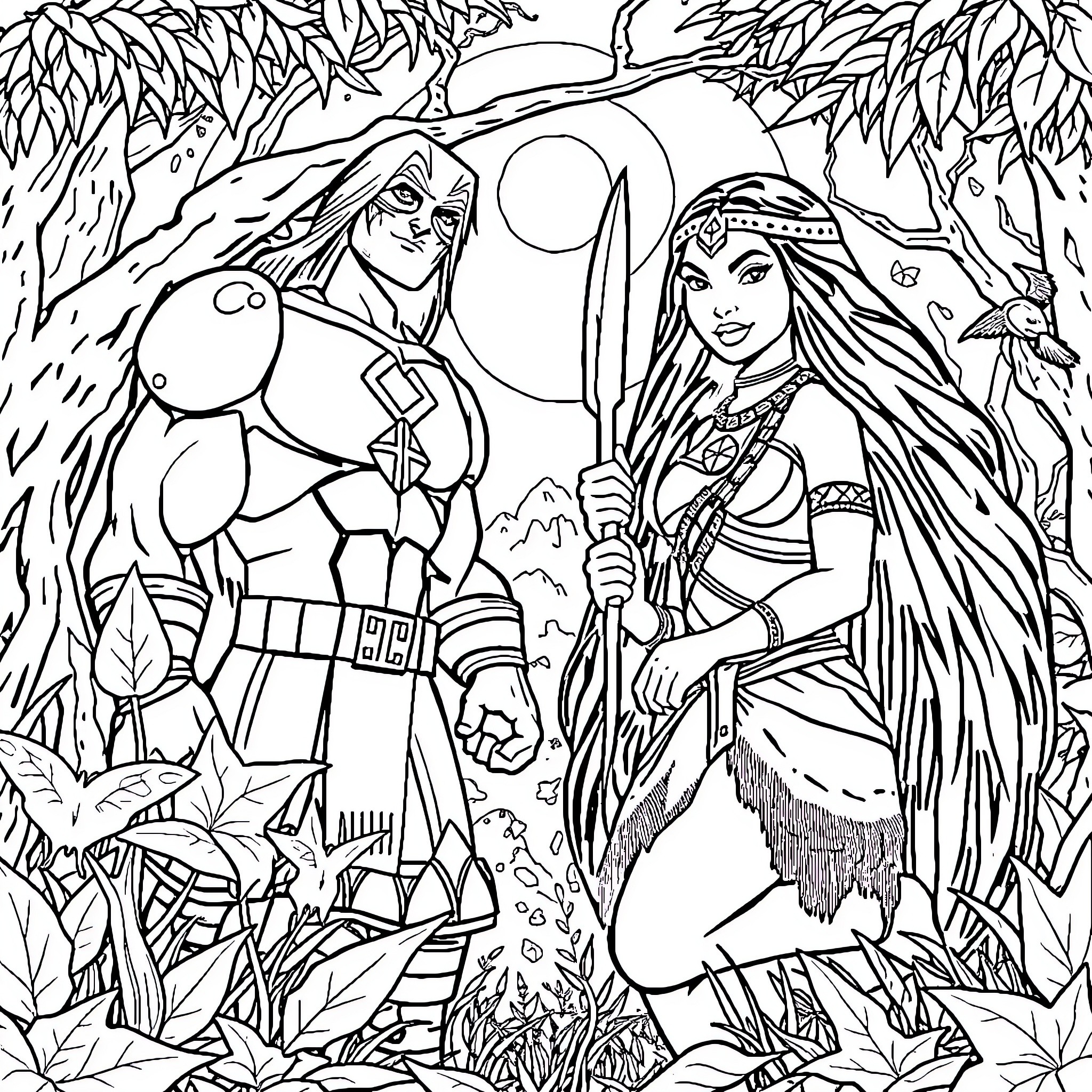 Incredibles Superheroes in Enchanted Forest Coloring Page (free black-and-white line drawing printable PDF for all, from beginners to advanced learners, including children, teens, adults, and seniors)