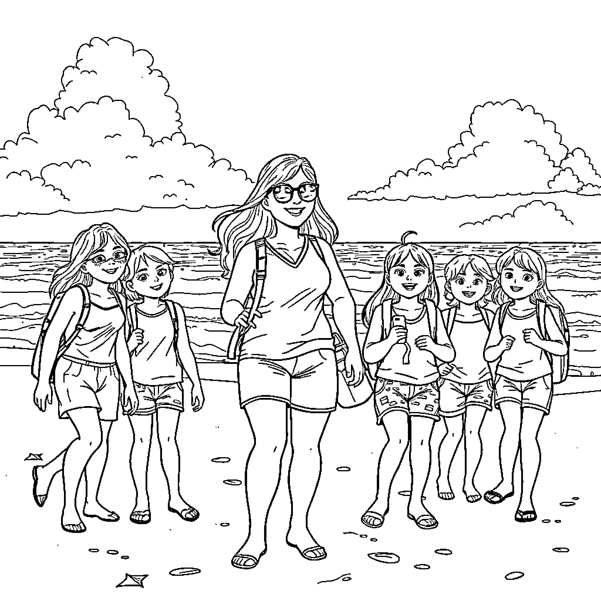Teacher guides group of students on beach outing Coloring Page (free black-and-white line drawing printable PDF for all, from beginners to advanced learners, including children, teens, adults, and seniors)