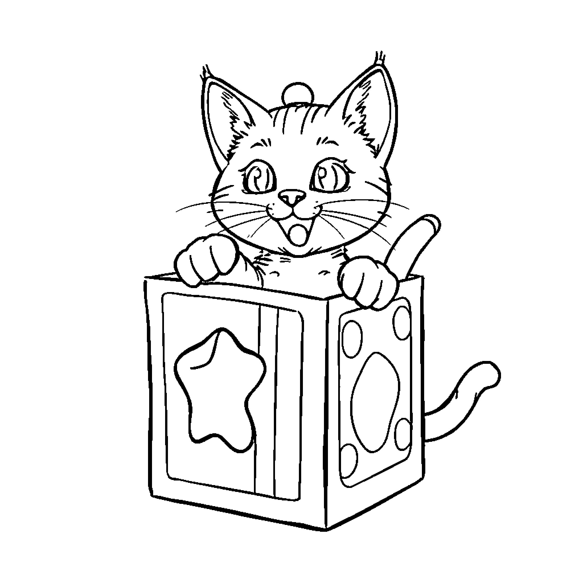 Cat peeking out of a surprise box Coloring Page (free black-and-white line drawing printable PDF for all, from beginners to advanced learners, including children, teens, adults, and seniors)