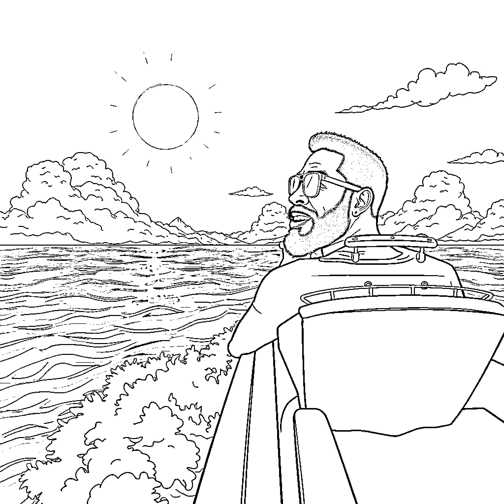 Terry Crews enjoying a sunny day on the water Coloring Page (free black-and-white line drawing printable PDF for all, from beginners to advanced learners, including children, teens, adults, and seniors)