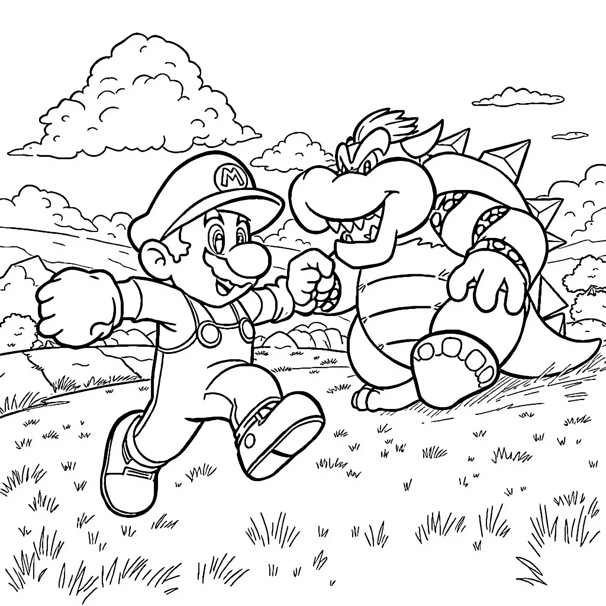 Mario and Bowser Facing Off in Outdoor Scene Coloring Page (free black-and-white line drawing printable PDF for all, from beginners to advanced learners, including children, teens, adults, and seniors)