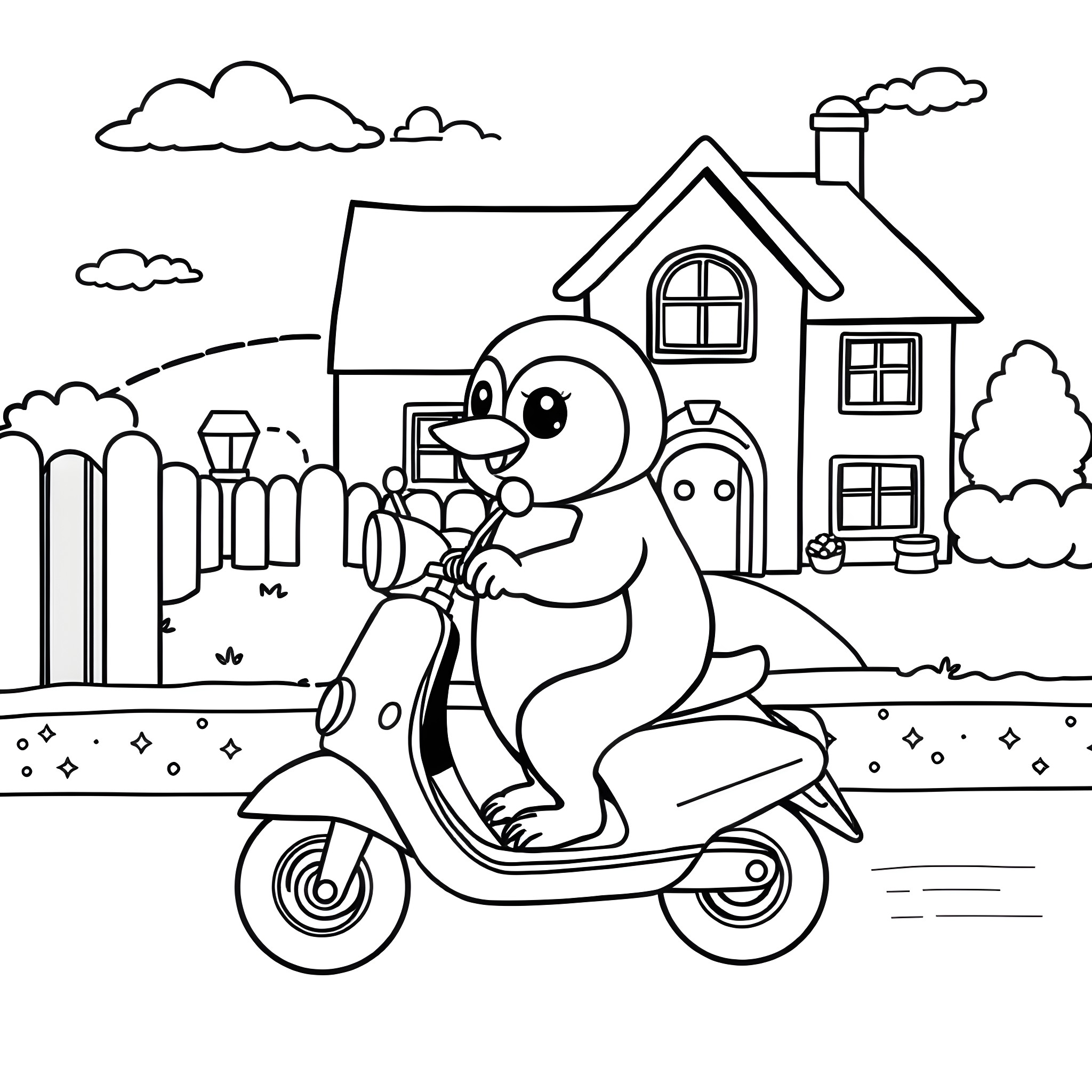 Pororo riding scooter in front of house Coloring Page (free black-and-white line drawing printable PDF for all, from beginners to advanced learners, including children, teens, adults, and seniors)