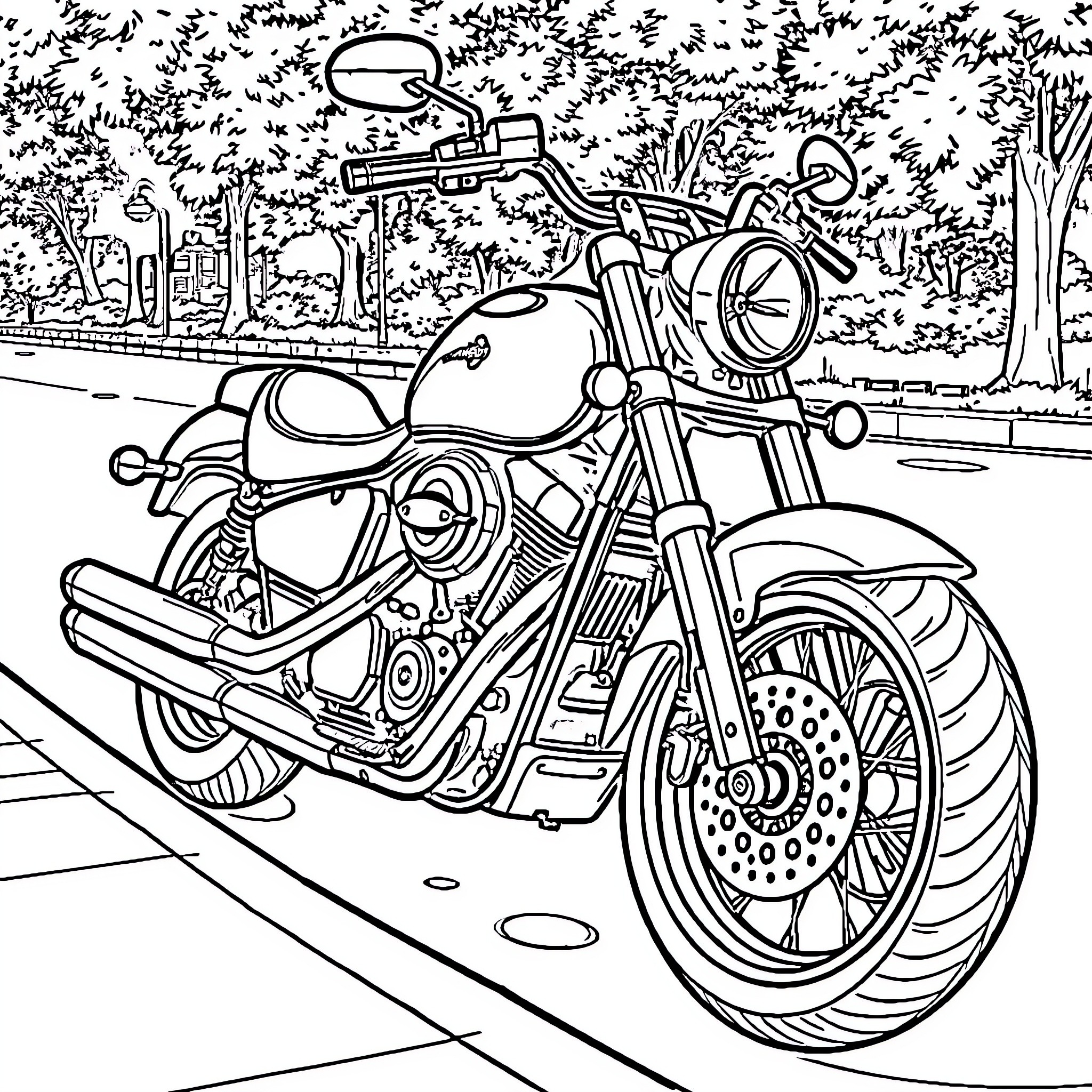 Moto cruising through the city streets Coloring Page (free black-and-white line drawing printable PDF for all, from beginners to advanced learners, including children, teens, adults, and seniors)