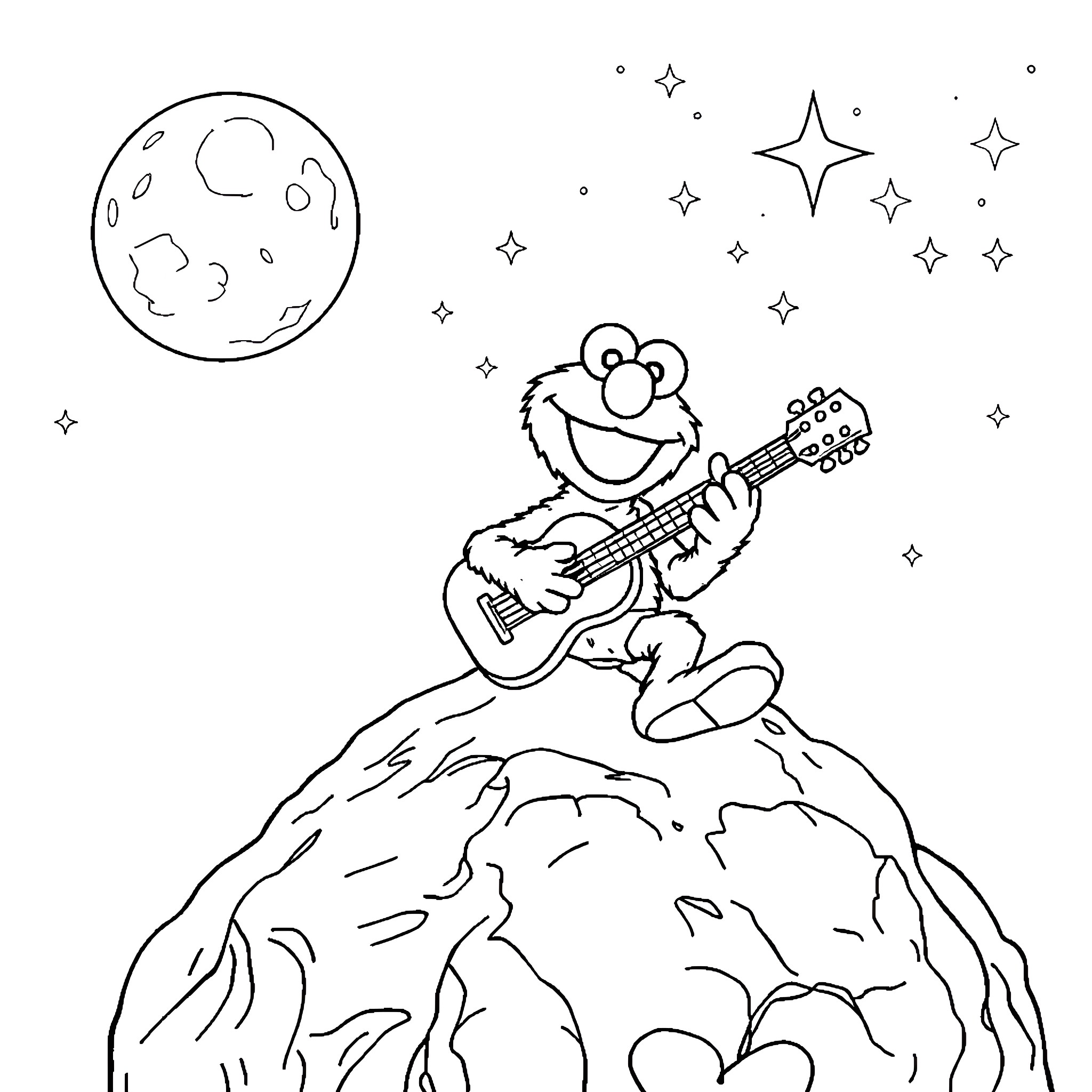 Elmo's Starry Night Guitar Serenade Coloring Page (free black-and-white line drawing printable PDF for all, from beginners to advanced learners, including children, teens, adults, and seniors)