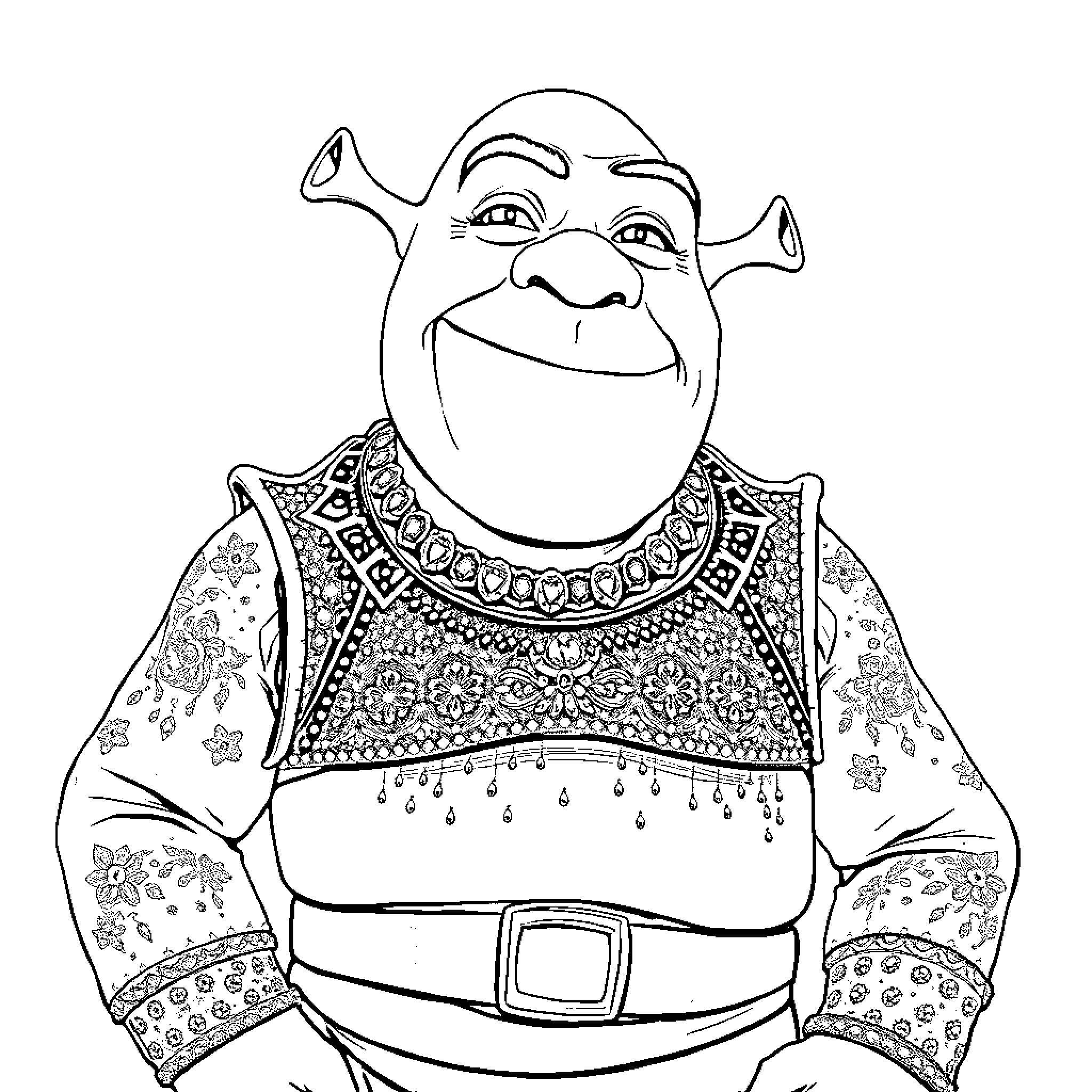 Shrek's Ornate Attire and Cheerful Expression Coloring Page (free black-and-white line drawing printable PDF for all, from beginners to advanced learners, including children, teens, adults, and seniors)