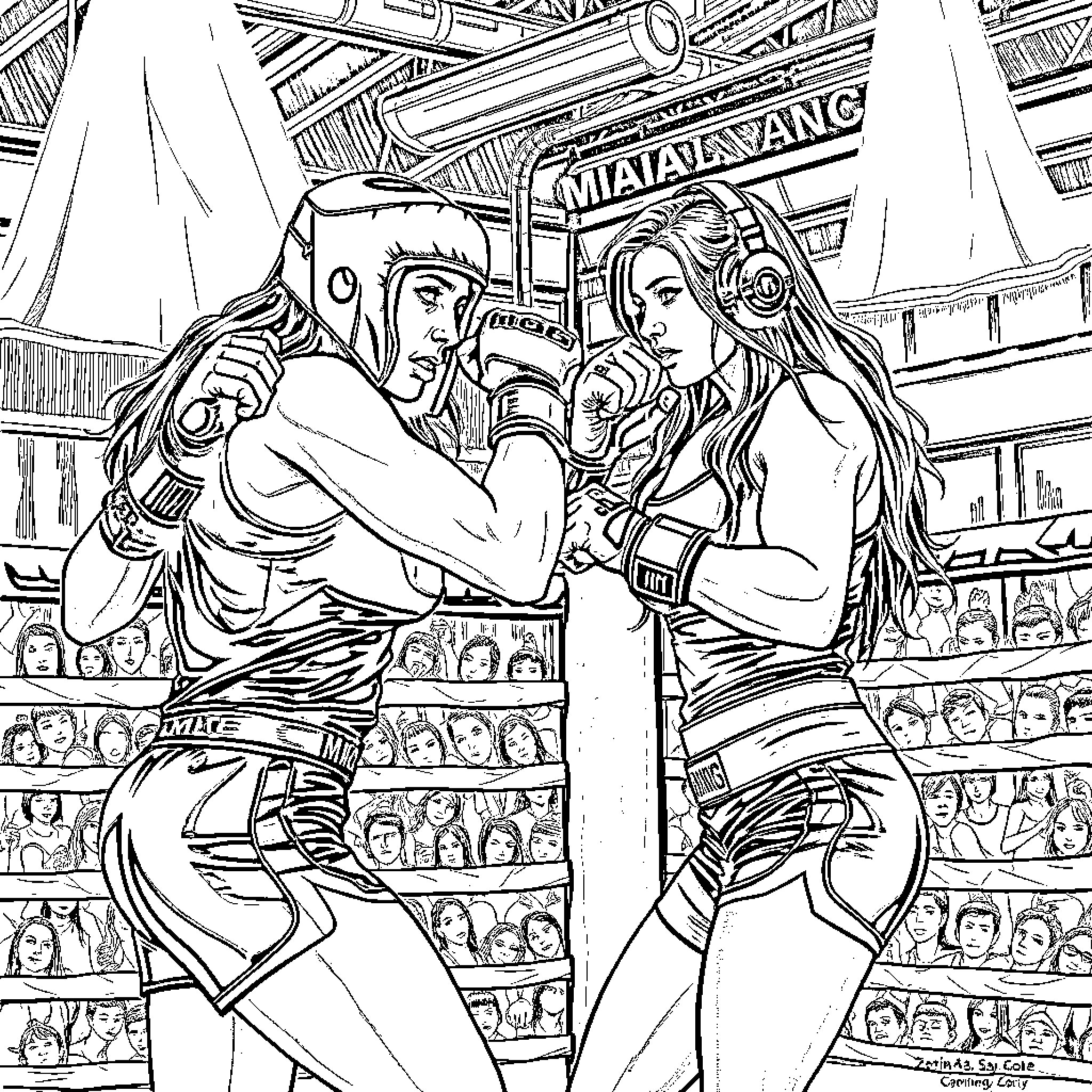 Megan Fox in intense battle scene with co-star Coloring Page (free black-and-white line drawing printable PDF for all, from beginners to advanced learners, including children, teens, adults, and seniors)