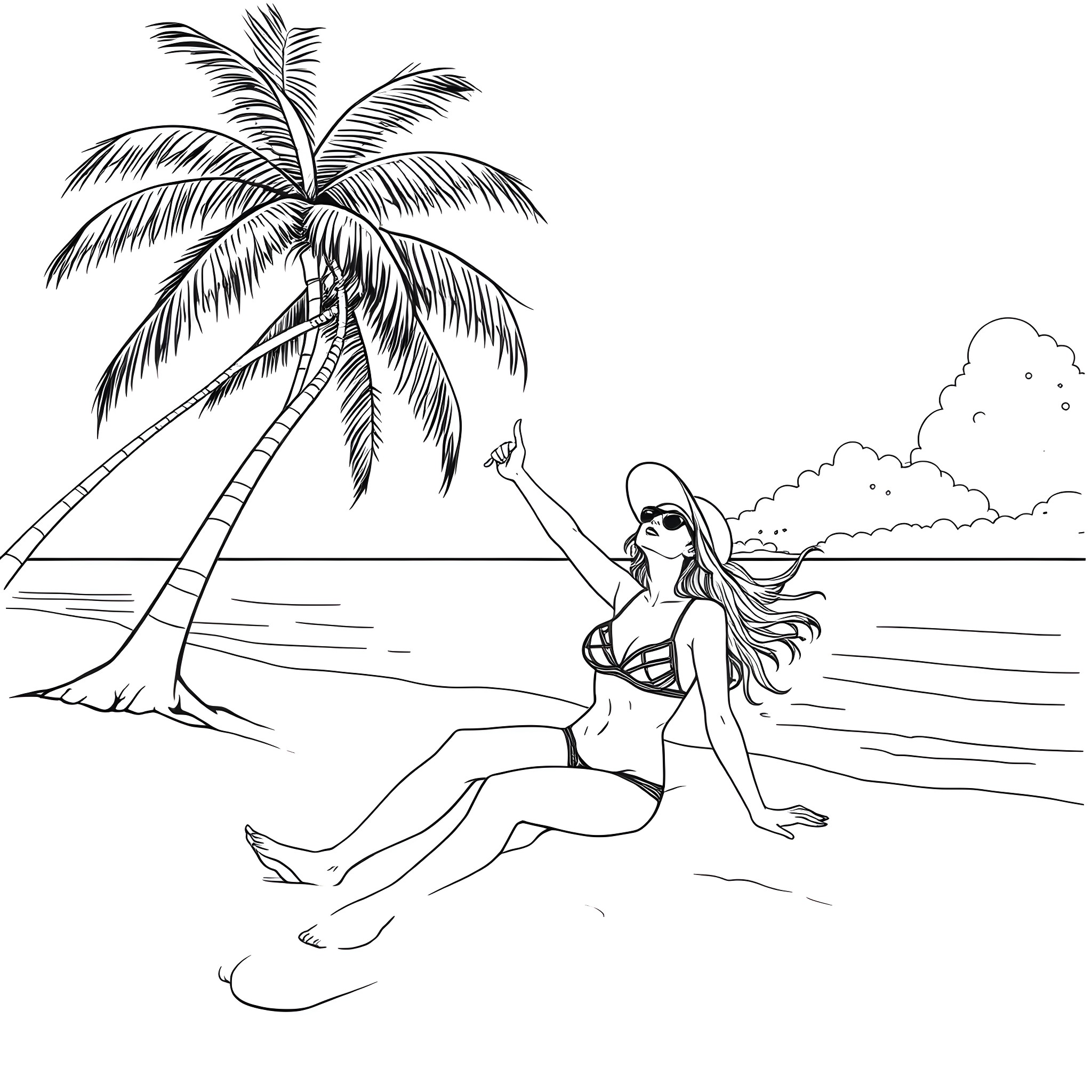 Girl relaxing on the beach near palm trees Coloring Page (free black-and-white line drawing printable PDF for all, from beginners to advanced learners, including children, teens, adults, and seniors)