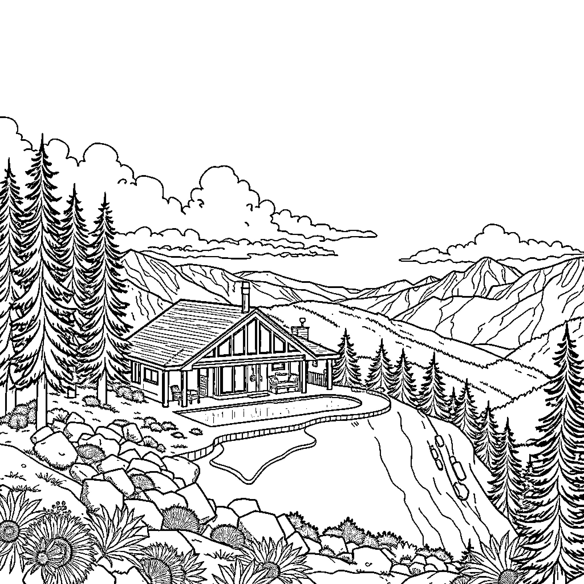 House nestled in scenic mountain landscape Coloring Page (free black-and-white line drawing printable PDF for all, from beginners to advanced learners, including children, teens, adults, and seniors)