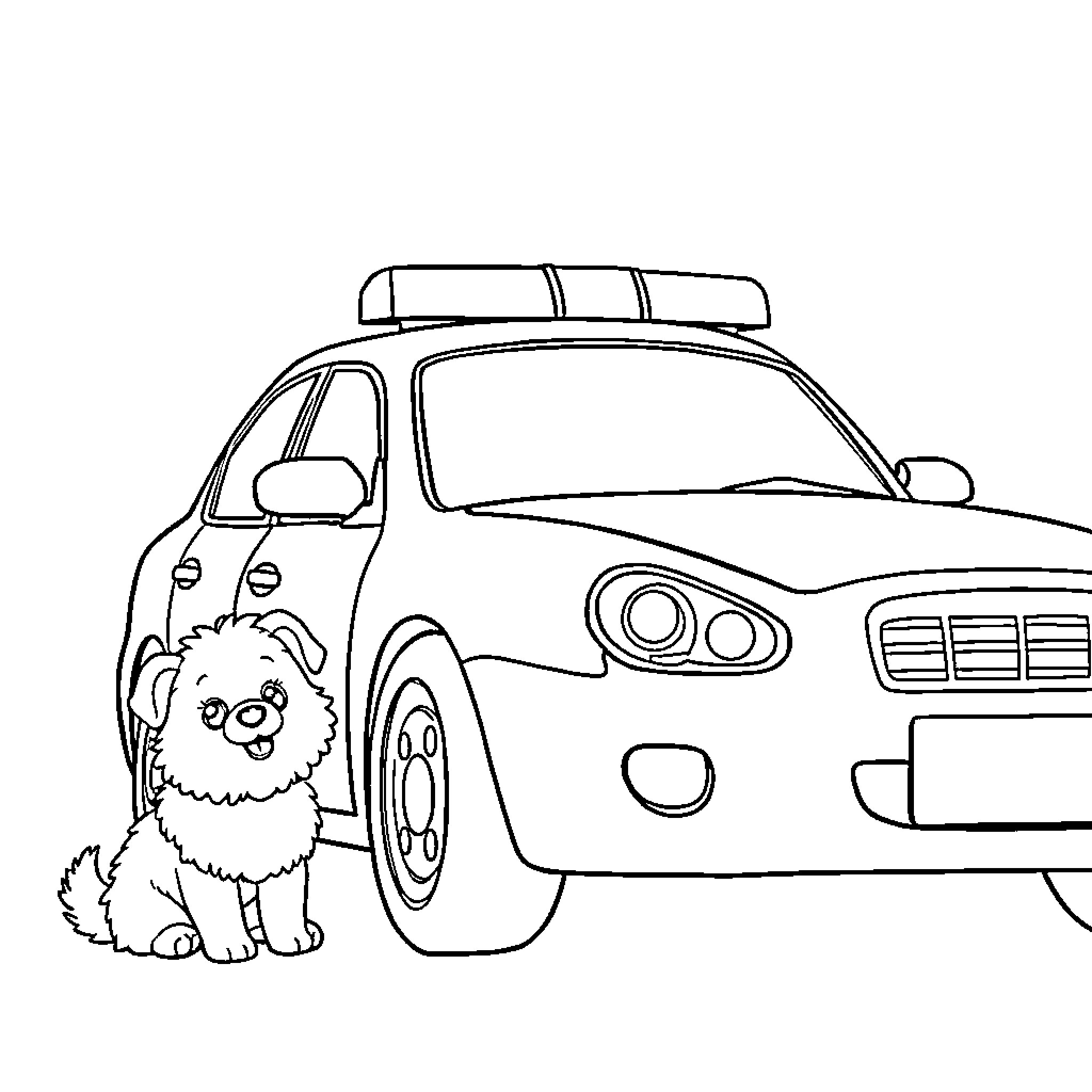 Police Car with Playful Puppy Coloring Page (free black-and-white line drawing printable PDF for all, from beginners to advanced learners, including children, teens, adults, and seniors)