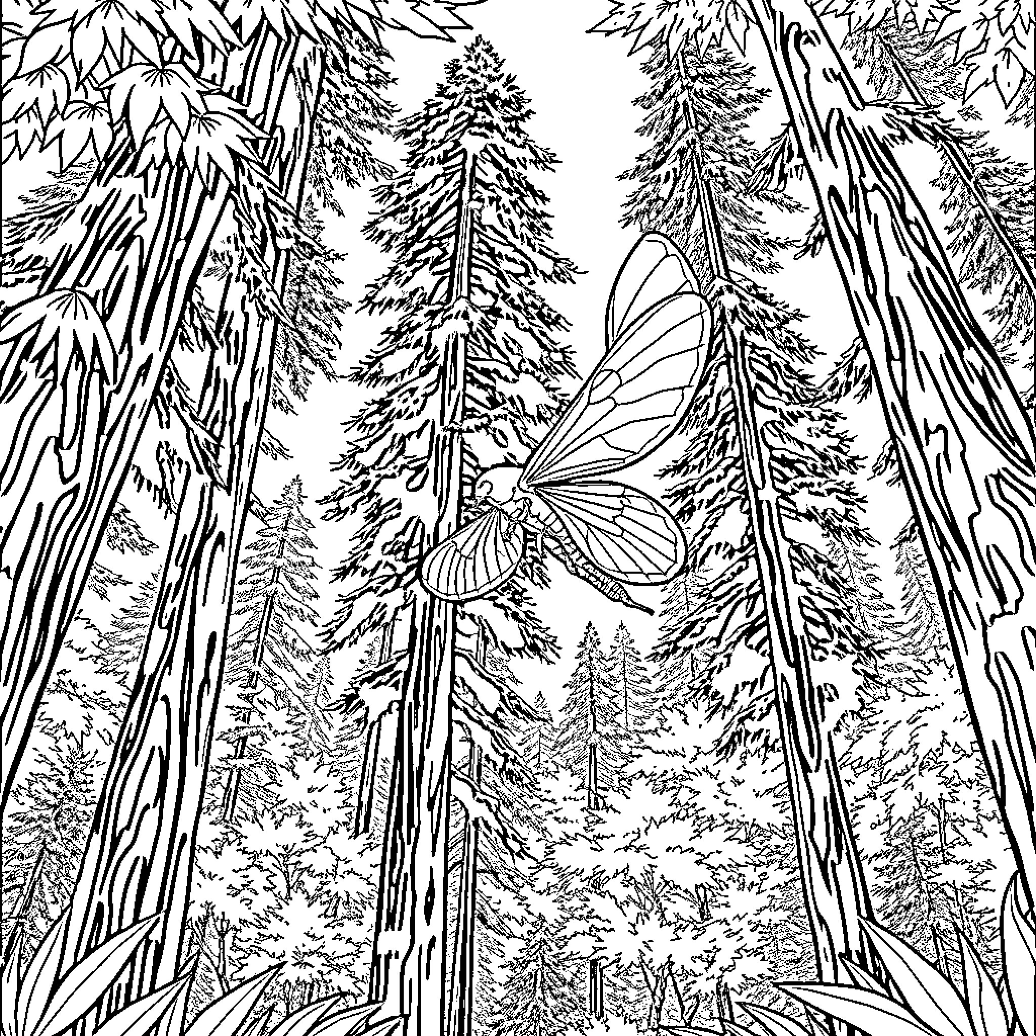 Cicada soaring through the enchanted forest Coloring Page (free black-and-white line drawing printable PDF for all, from beginners to advanced learners, including children, teens, adults, and seniors)