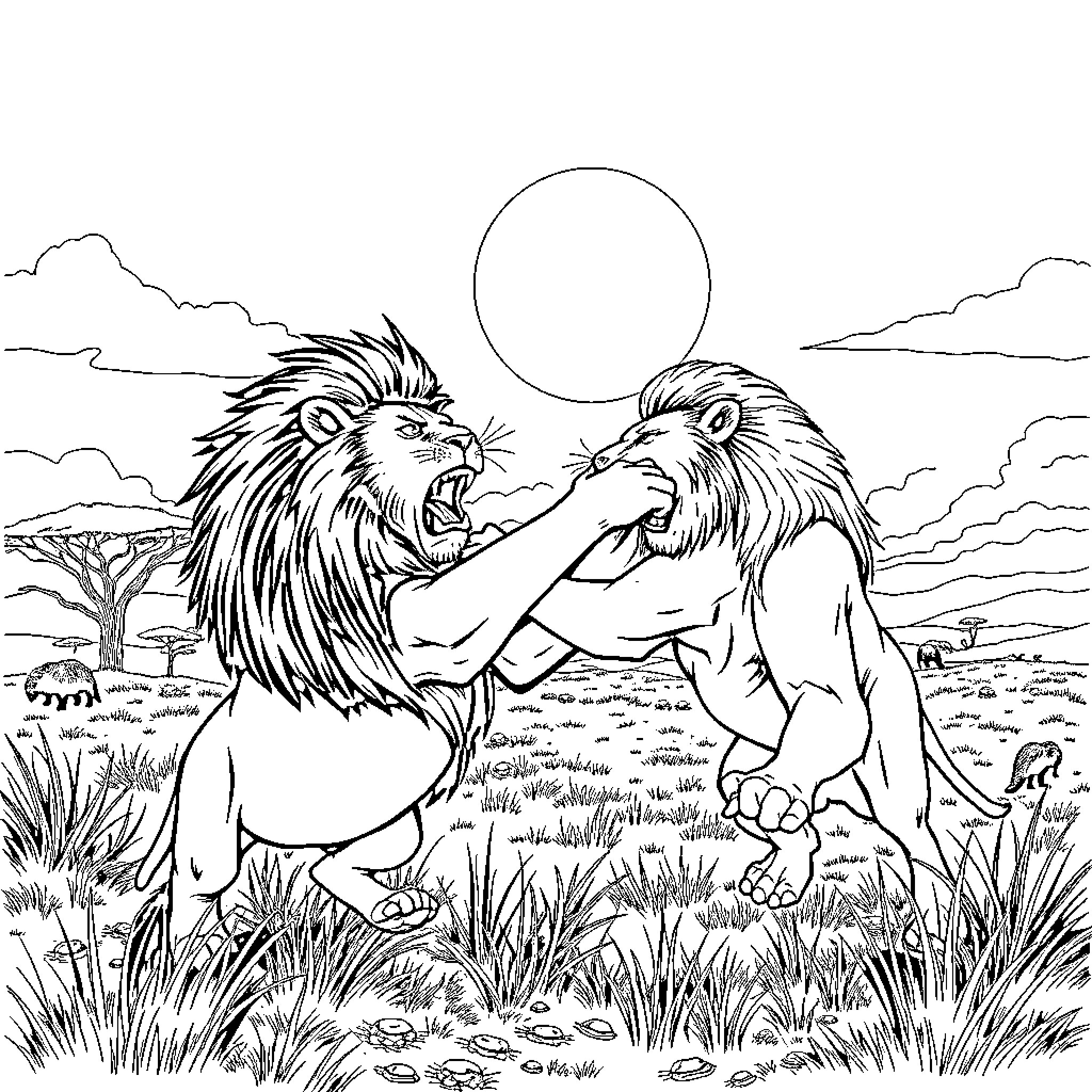 Lions in a fierce battle on the savanna Coloring Page (free black-and-white line drawing printable PDF for all, from beginners to advanced learners, including children, teens, adults, and seniors)