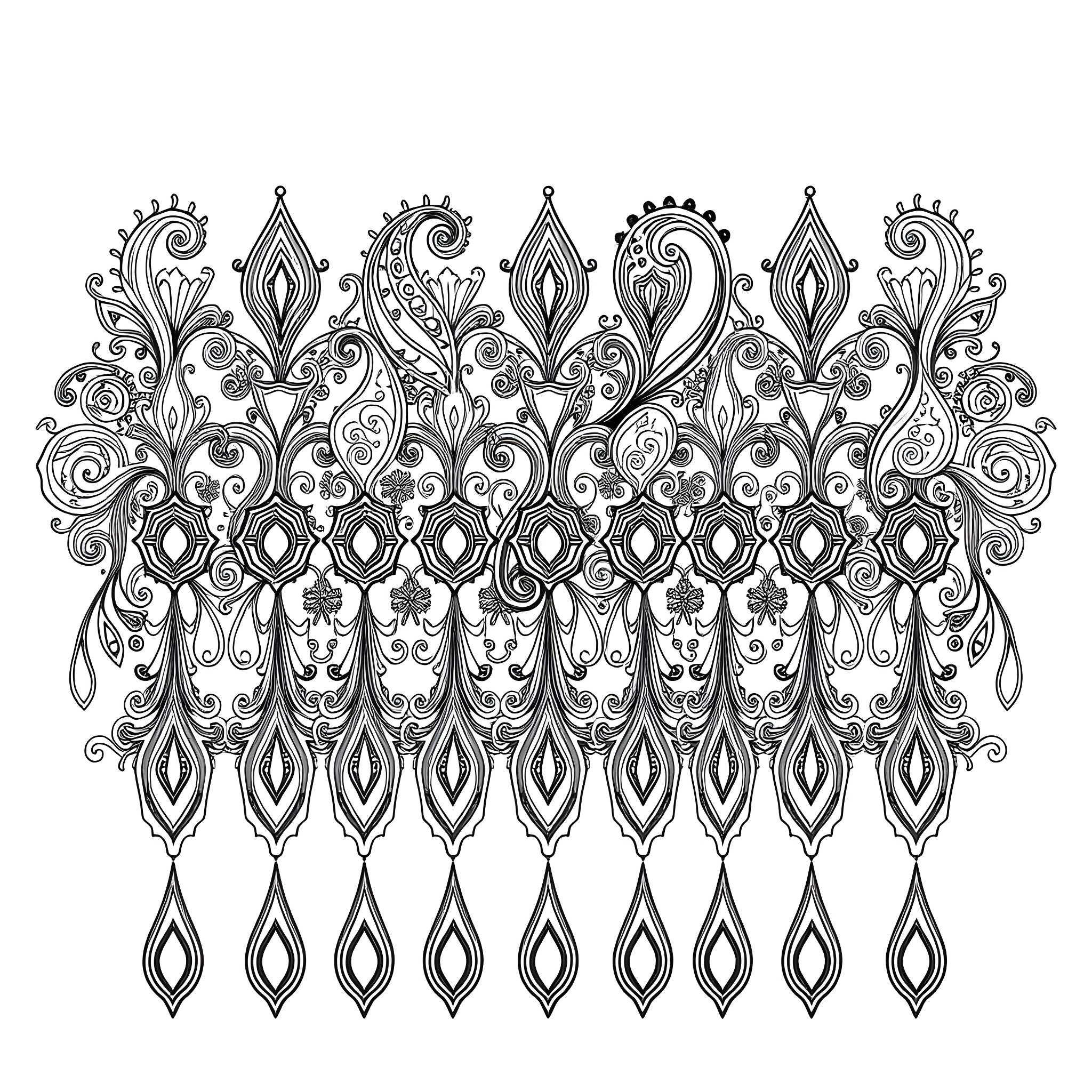 Paisley Floral Ornamental Pattern Coloring Page (free black-and-white line drawing printable PDF for all, from beginners to advanced learners, including children, teens, adults, and seniors)