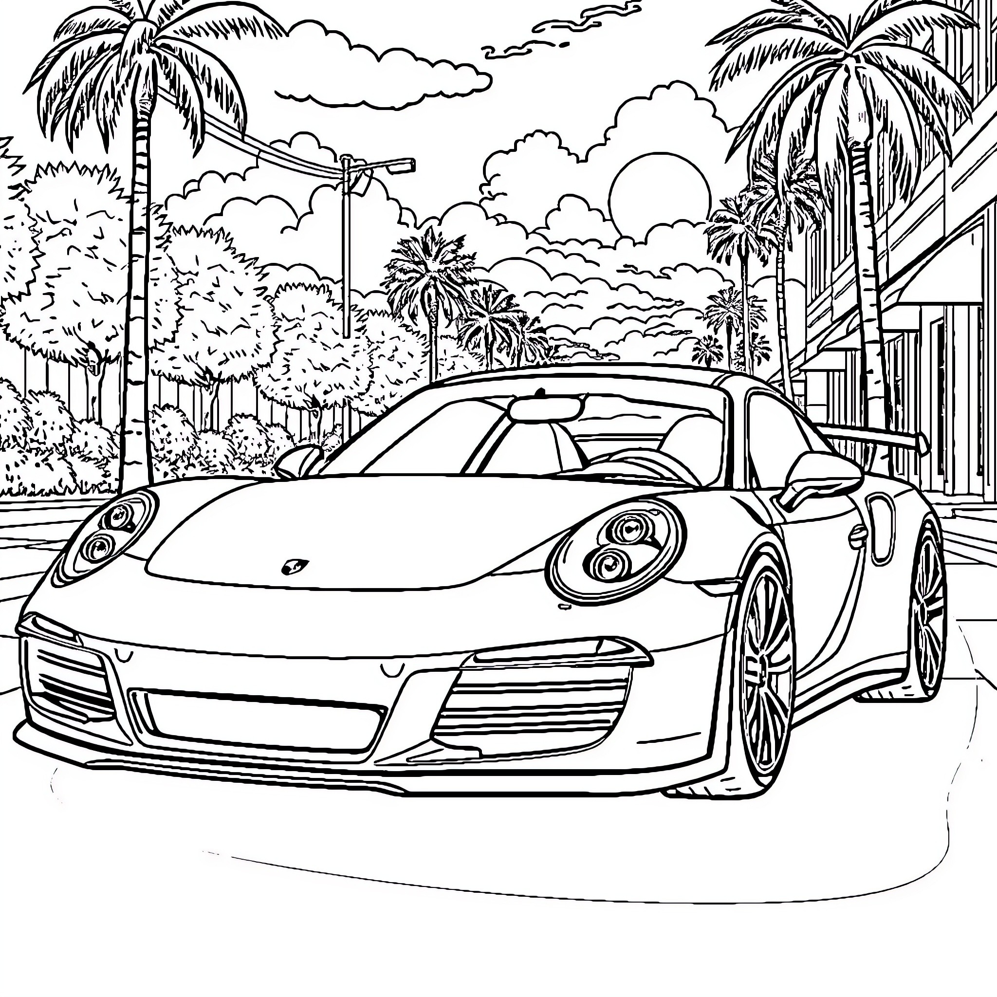 Porsche sports car on a sunny tropical street Coloring Page (free black-and-white line drawing printable PDF for all, from beginners to advanced learners, including children, teens, adults, and seniors)