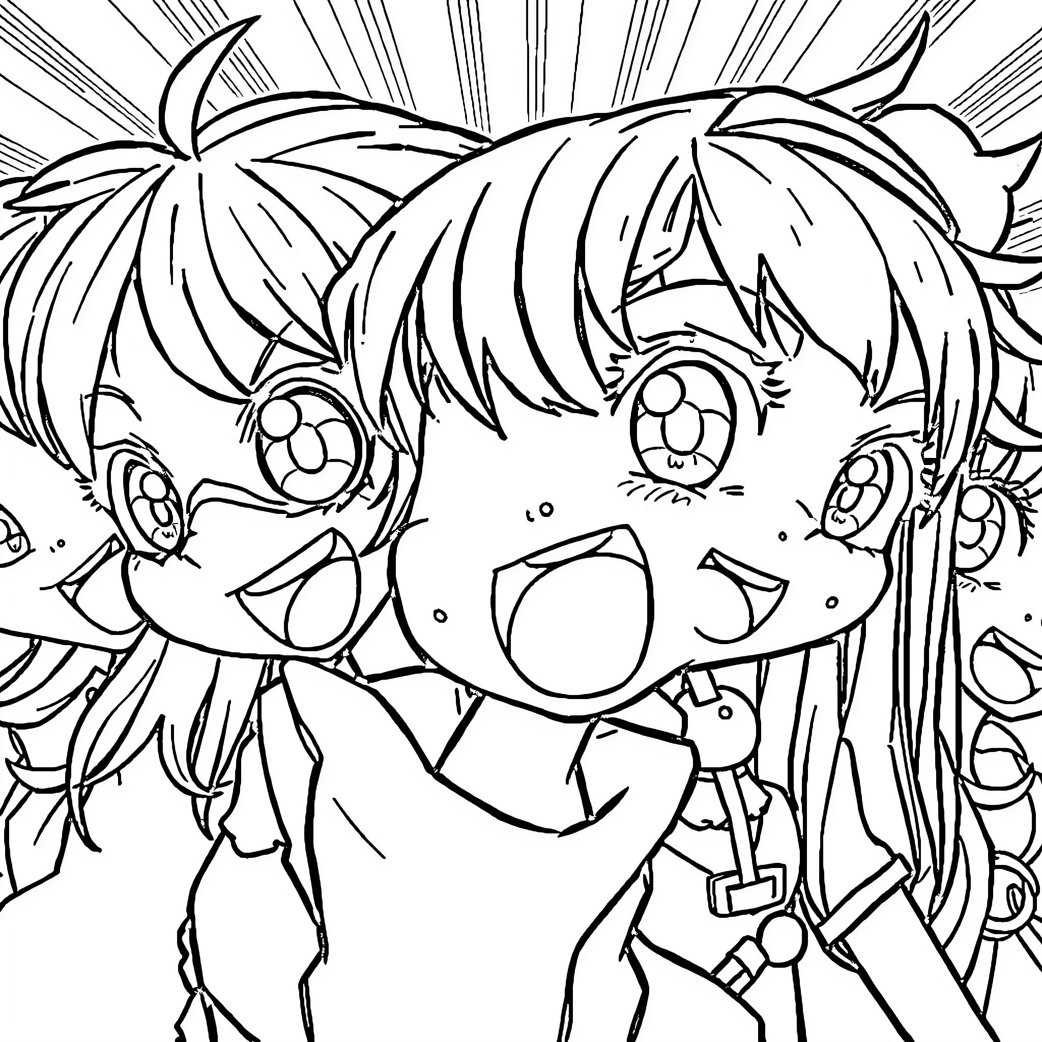 Anime Chibi Girl with Playful Expression Coloring Page (free black-and-white line drawing printable PDF for all, from beginners to advanced learners, including children, teens, adults, and seniors)