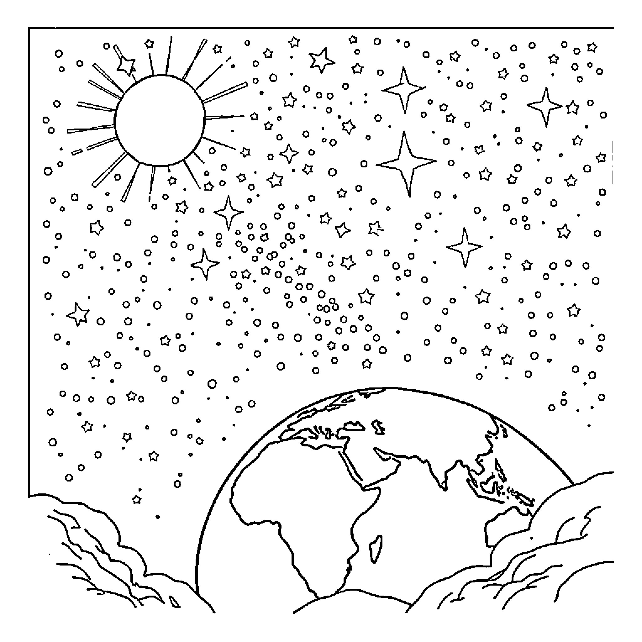 God's Celestial Wonders: Stars, Sun, and Earth Coloring Page (free black-and-white line drawing printable PDF for all, from beginners to advanced learners, including children, teens, adults, and seniors)