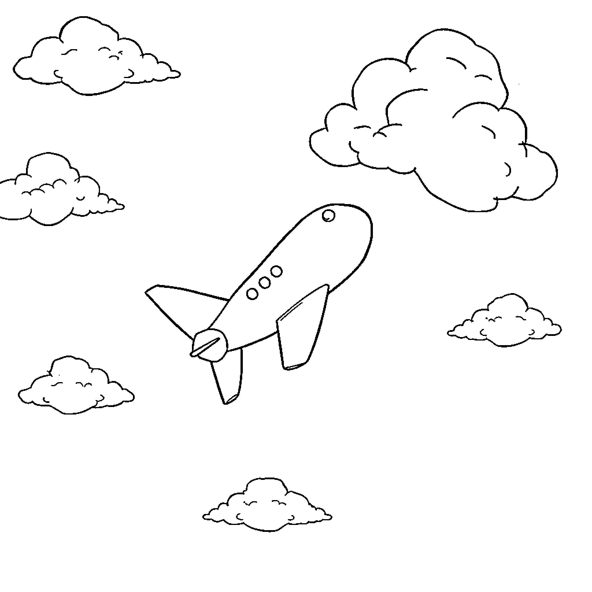 Airplane flying among clouds in the sky Coloring Page (free black-and-white line drawing printable PDF for all, from beginners to advanced learners, including children, teens, adults, and seniors)