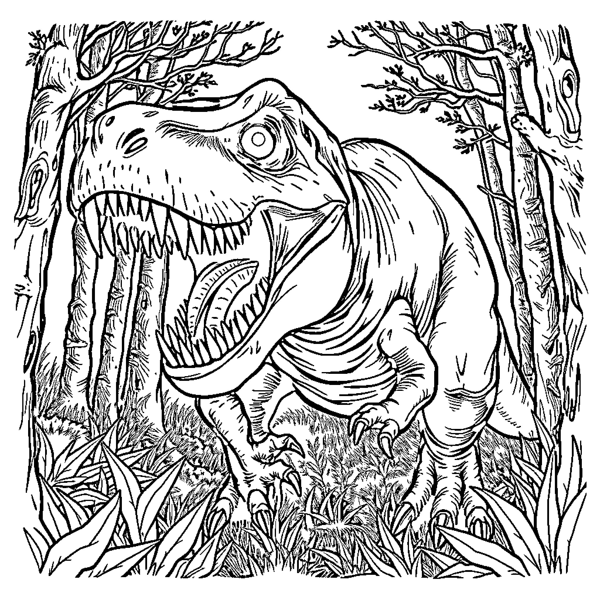 T-Rex Stalking Through the Prehistoric Forest Coloring Page (free black-and-white line drawing printable PDF for all, from beginners to advanced learners, including children, teens, adults, and seniors)