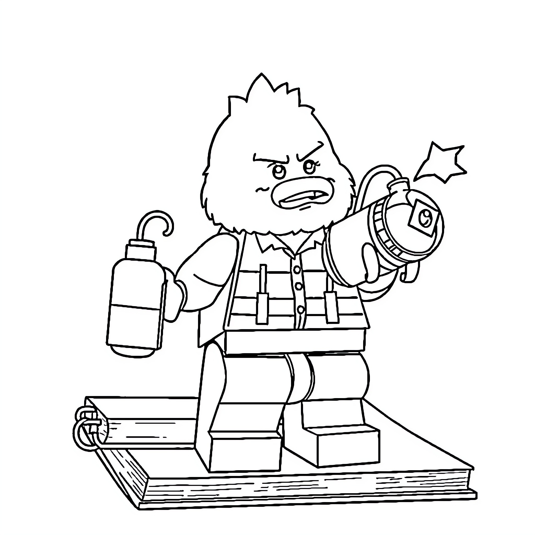 Lego Goblin firefighter on duty with equipment Coloring Page (free black-and-white line drawing printable PDF for all, from beginners to advanced learners, including children, teens, adults, and seniors)