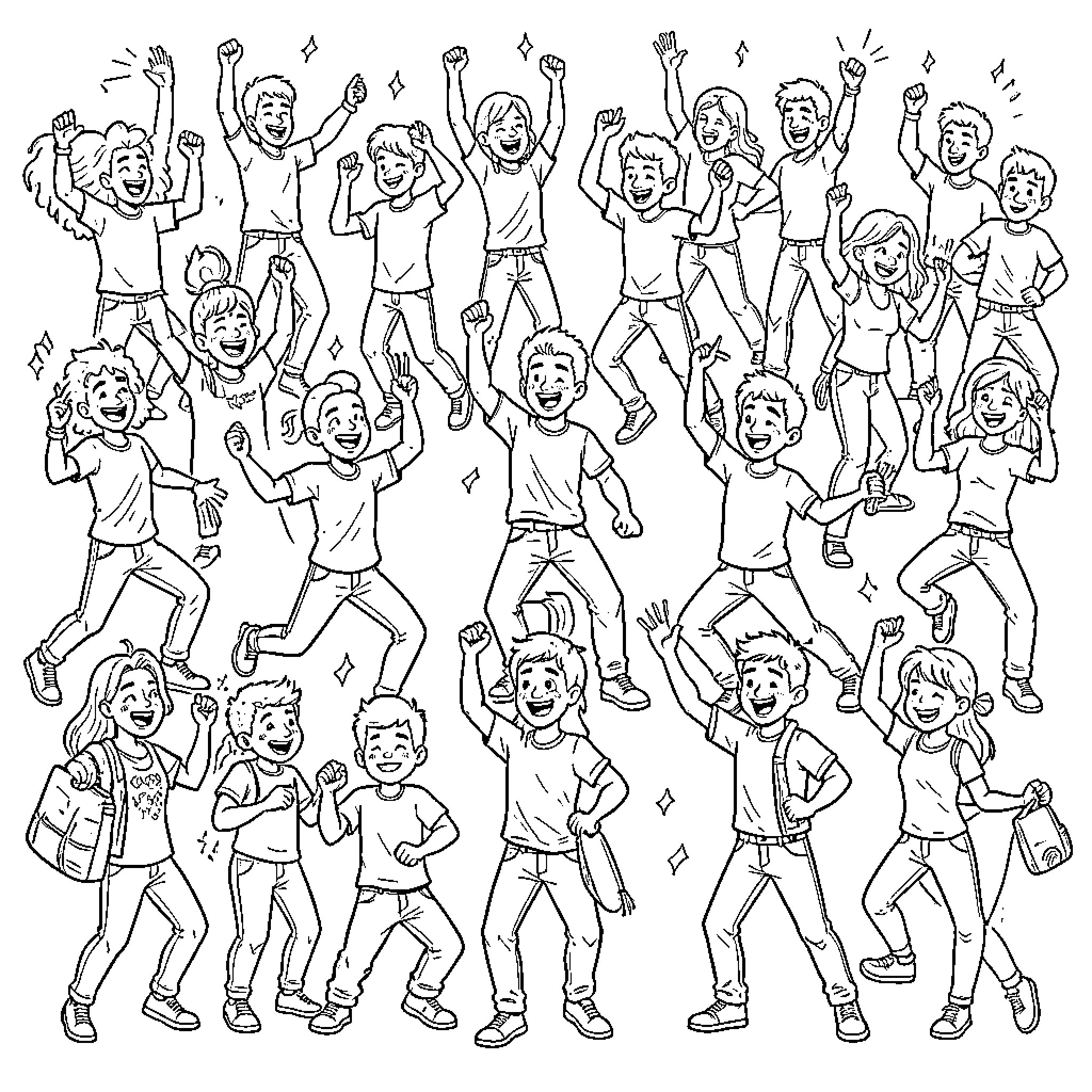 Skibidy group of happy children cheering and dancing Coloring Page (free black-and-white line drawing printable PDF for all, from beginners to advanced learners, including children, teens, adults, and seniors)