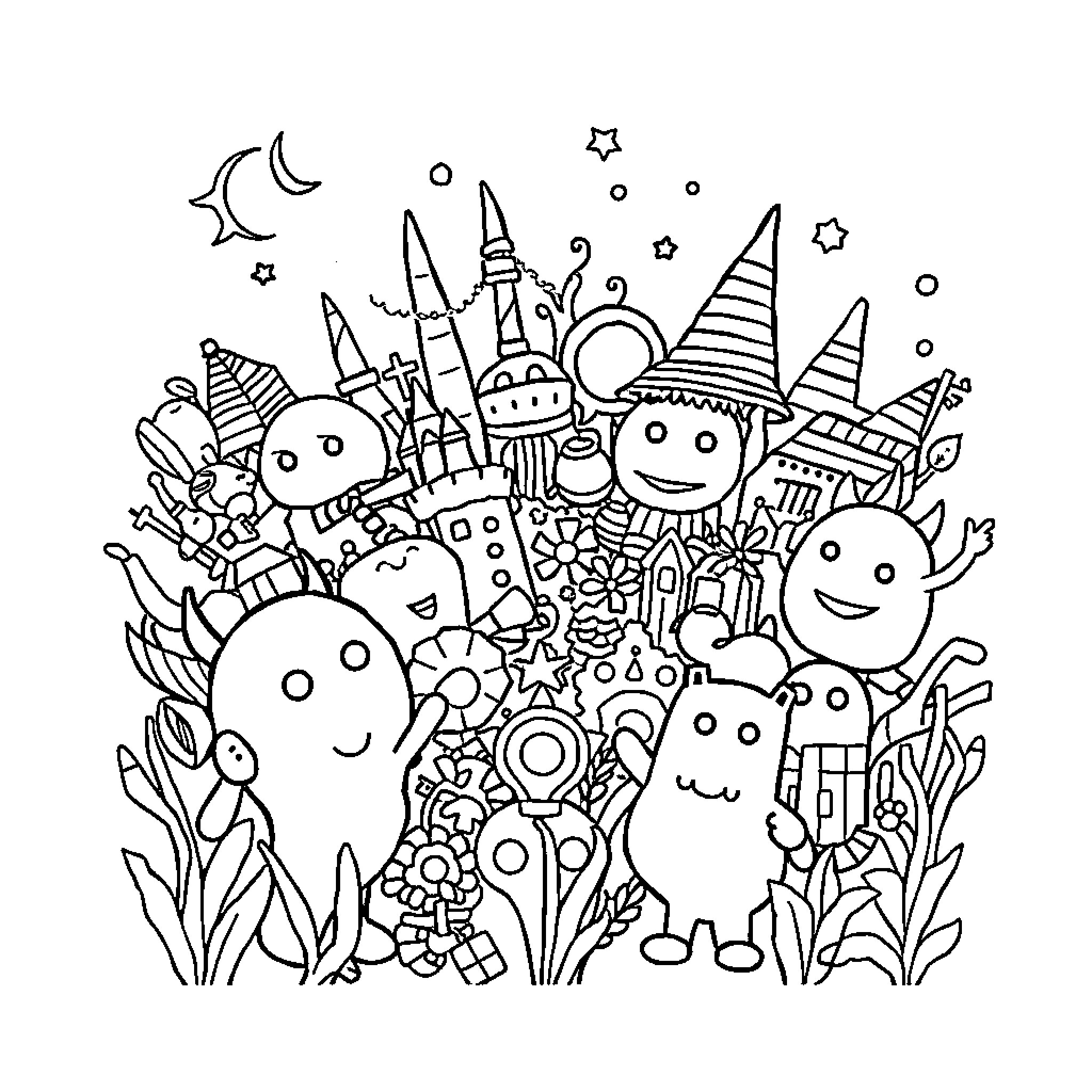 Drawing of whimsical fantasy creatures and plants Coloring Page (free black-and-white line drawing printable PDF for all, from beginners to advanced learners, including children, teens, adults, and seniors)