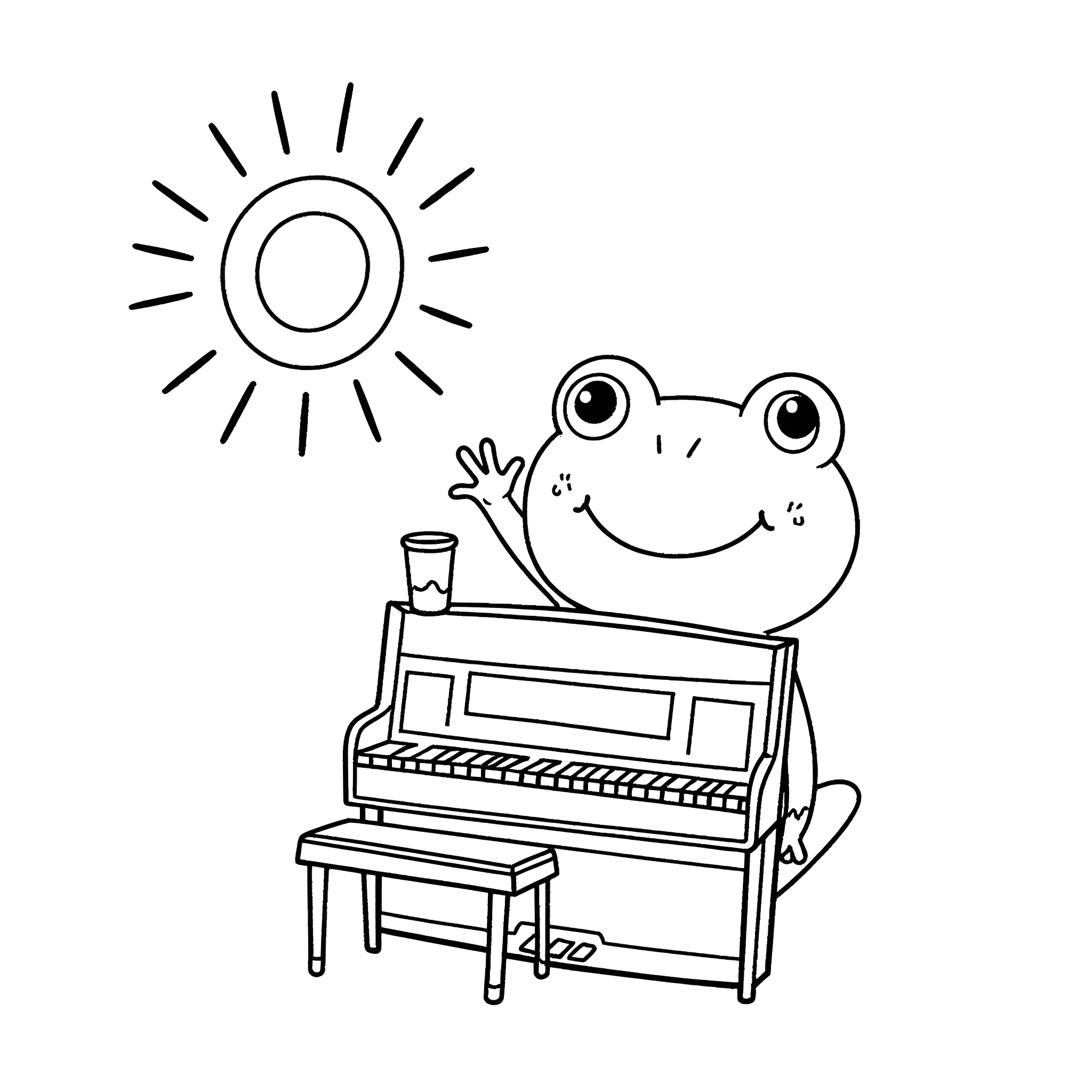 Kerropi playing the piano under the sun Coloring Page (free black-and-white line drawing printable PDF for all, from beginners to advanced learners, including children, teens, adults, and seniors)