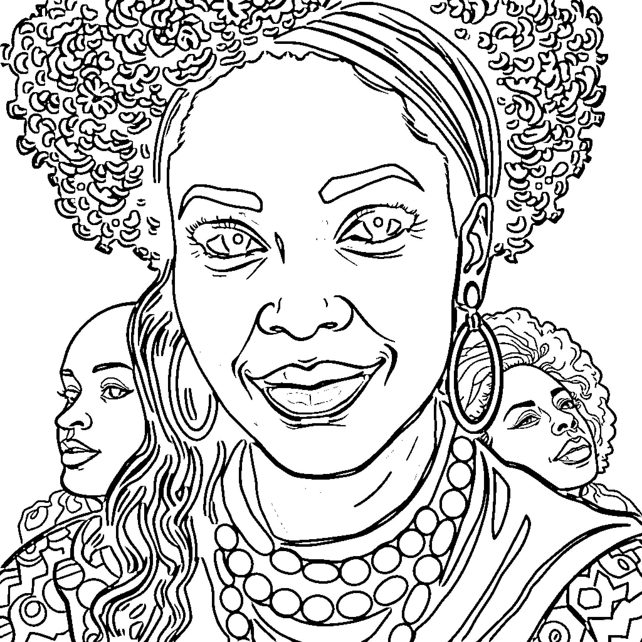 Black Woman in Vibrant Attire Coloring Page (free black-and-white line drawing printable PDF for all, from beginners to advanced learners, including children, teens, adults, and seniors)