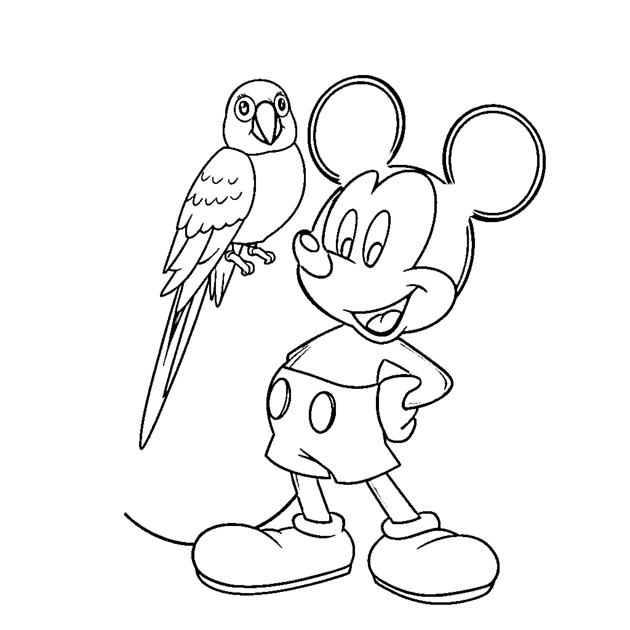 Mickey Mouse with a Parrot Friend Coloring Page (free black-and-white line drawing printable PDF for all, from beginners to advanced learners, including children, teens, adults, and seniors)