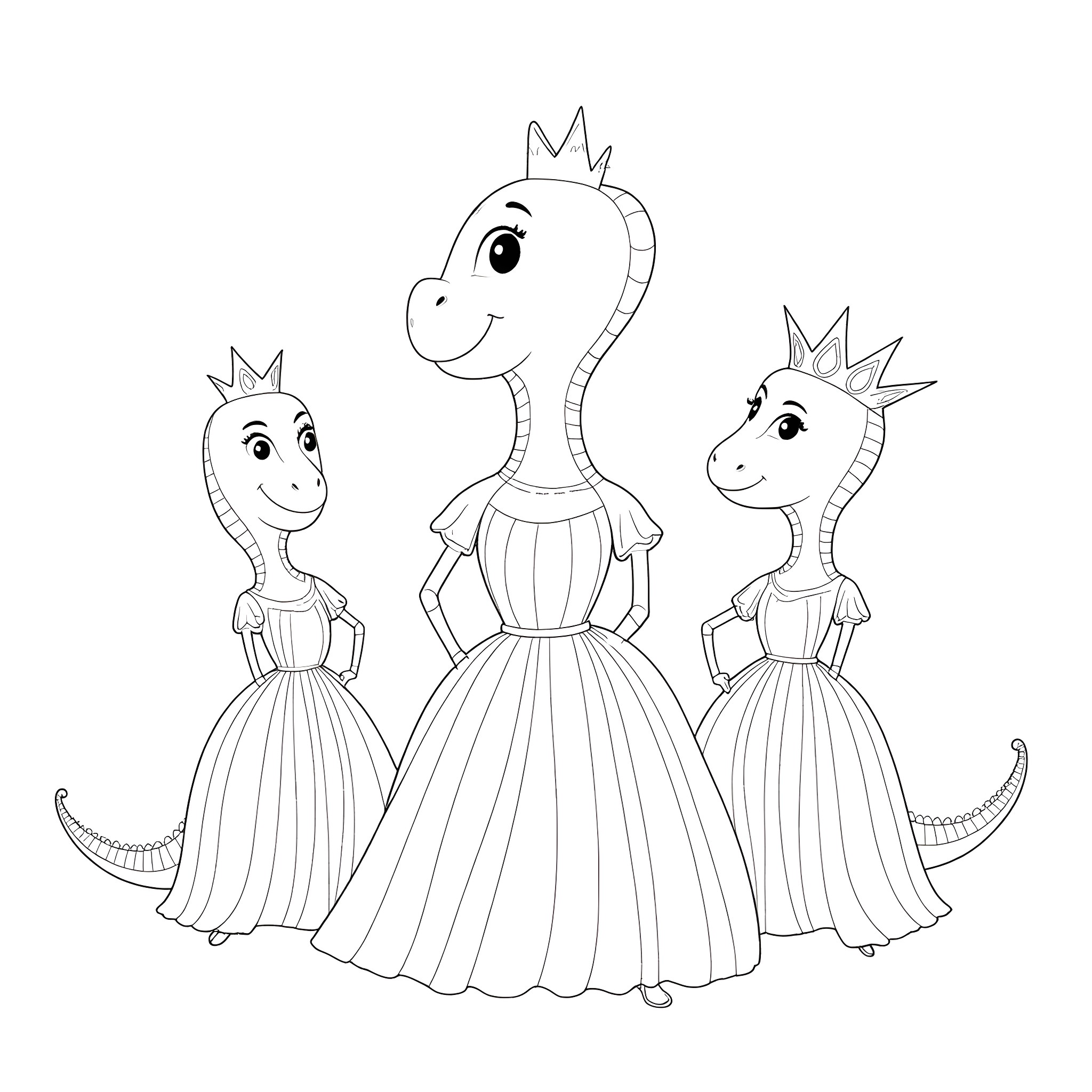 Princess Dinosaurs in Elegant Gowns Coloring Page (free black-and-white line drawing printable PDF for all, from beginners to advanced learners, including children, teens, adults, and seniors)
