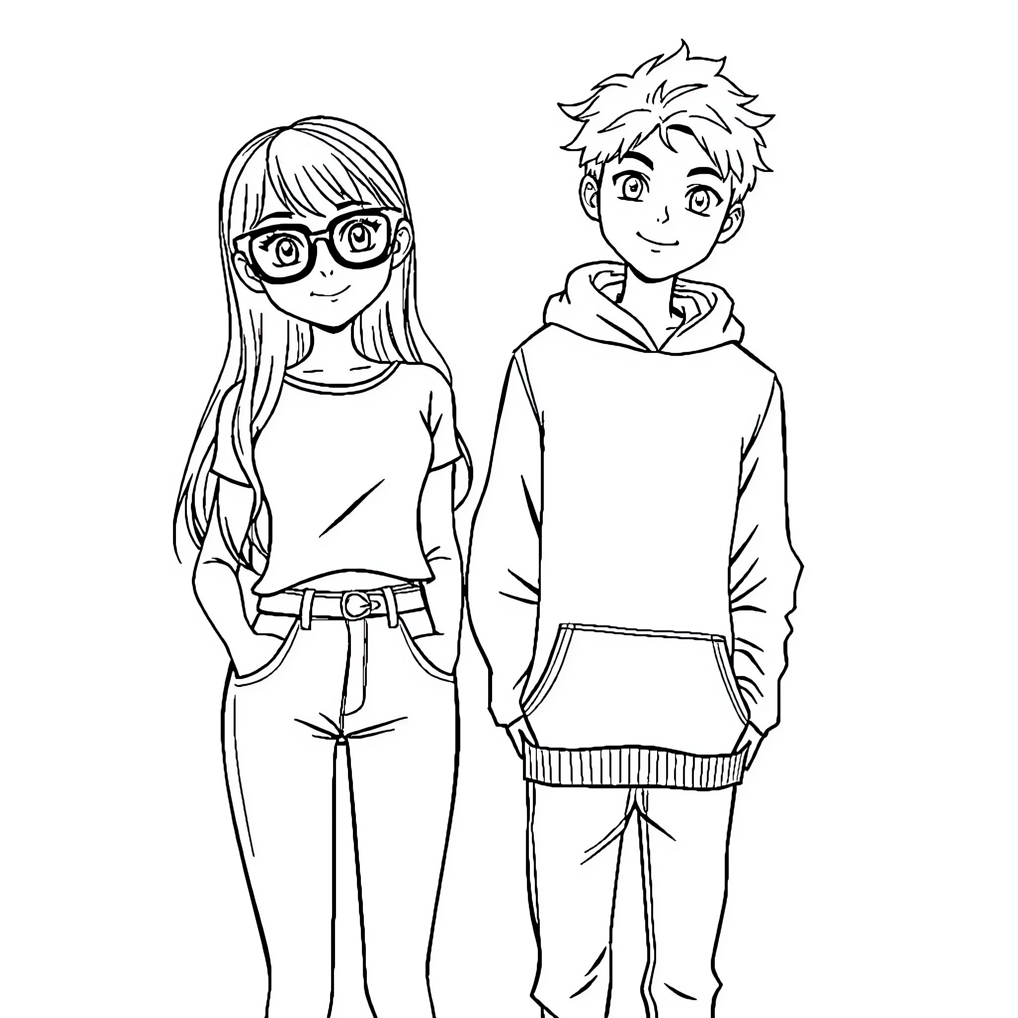 Girl and Boy in Casual Attire Coloring Page (free black-and-white line drawing printable PDF for all, from beginners to advanced learners, including children, teens, adults, and seniors)