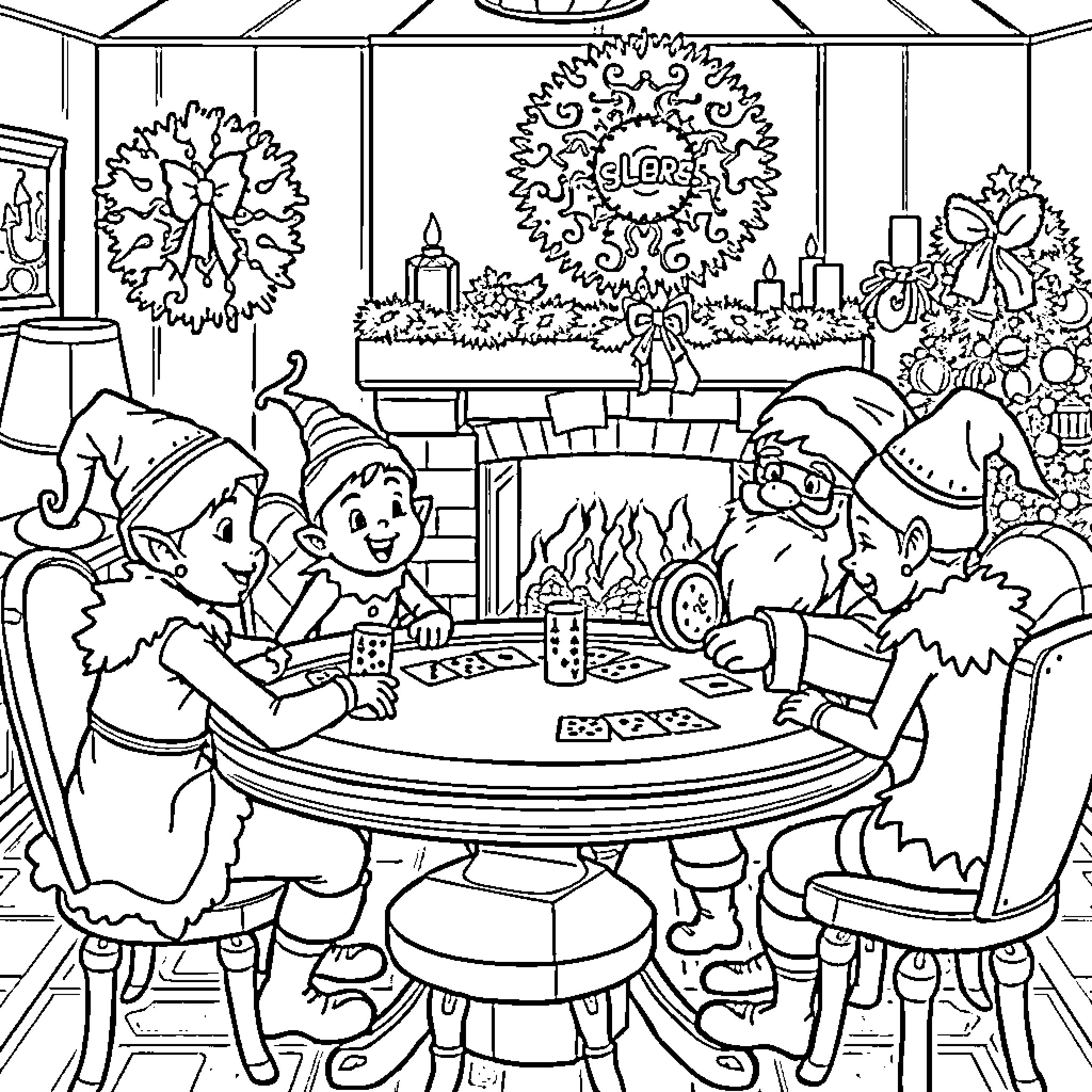 Santa and his elves celebrating Christmas together Coloring Page (free black-and-white line drawing printable PDF for all, from beginners to advanced learners, including children, teens, adults, and seniors)