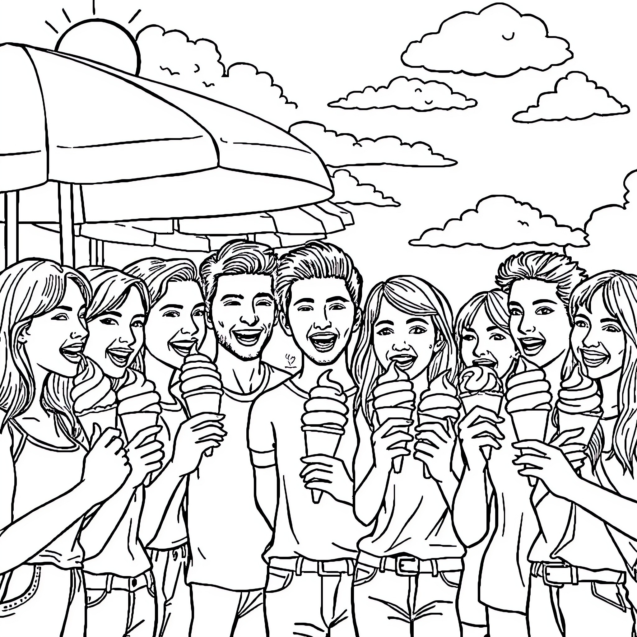 Person group enjoying ice cream together outdoors Coloring Page (free black-and-white line drawing printable PDF for all, from beginners to advanced learners, including children, teens, adults, and seniors)