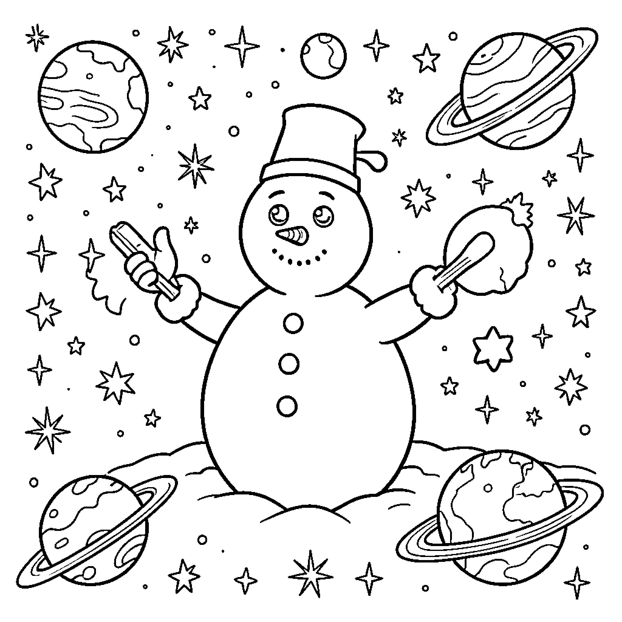 Paw Patrol Snowman Adventure in Outer Space Coloring Page (free black-and-white line drawing printable PDF for all, from beginners to advanced learners, including children, teens, adults, and seniors)