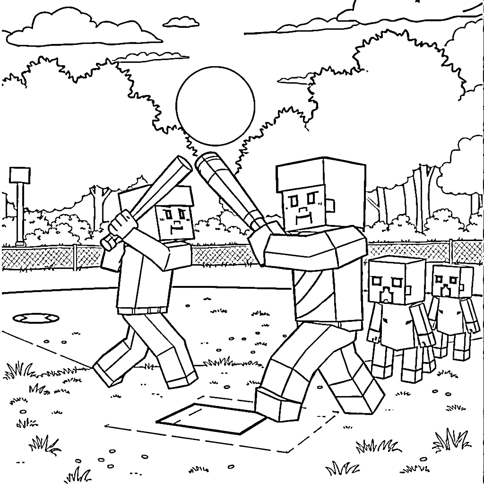 Steve playing with robot friends in the park Coloring Page (free black-and-white line drawing printable PDF for all, from beginners to advanced learners, including children, teens, adults, and seniors)