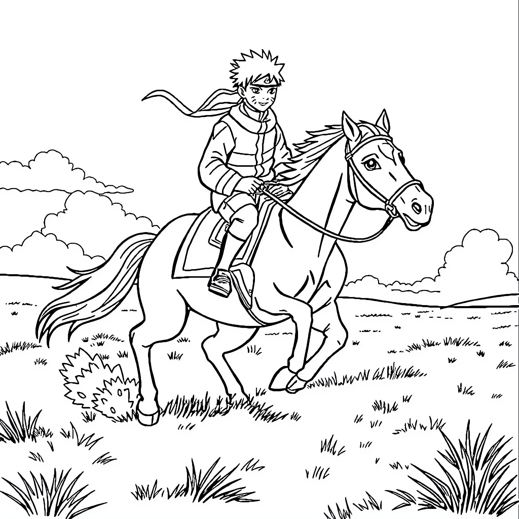 Naruto riding a horse through the countryside Coloring Page (free black-and-white line drawing printable PDF for all, from beginners to advanced learners, including children, teens, adults, and seniors)