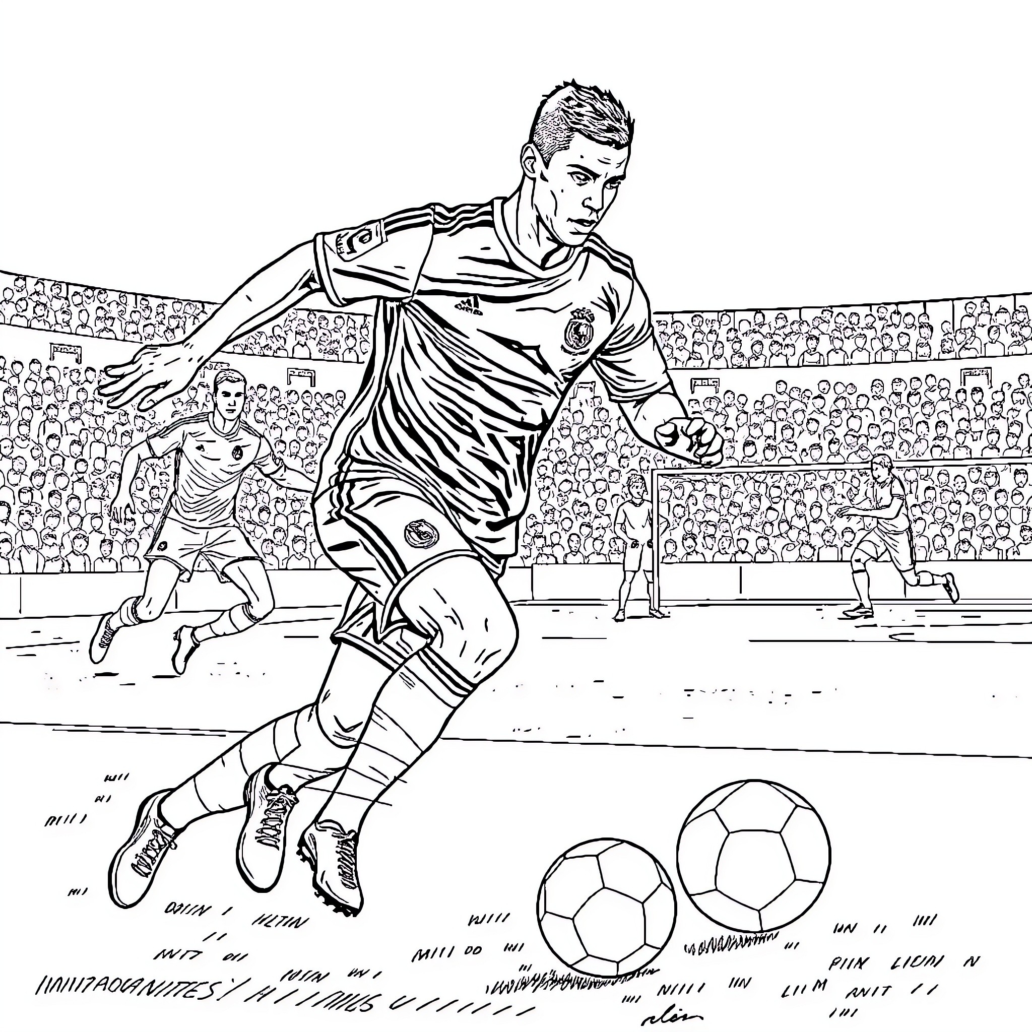 Ronaldo playing soccer in a stadium Coloring Page (free black-and-white line drawing printable PDF for all, from beginners to advanced learners, including children, teens, adults, and seniors)