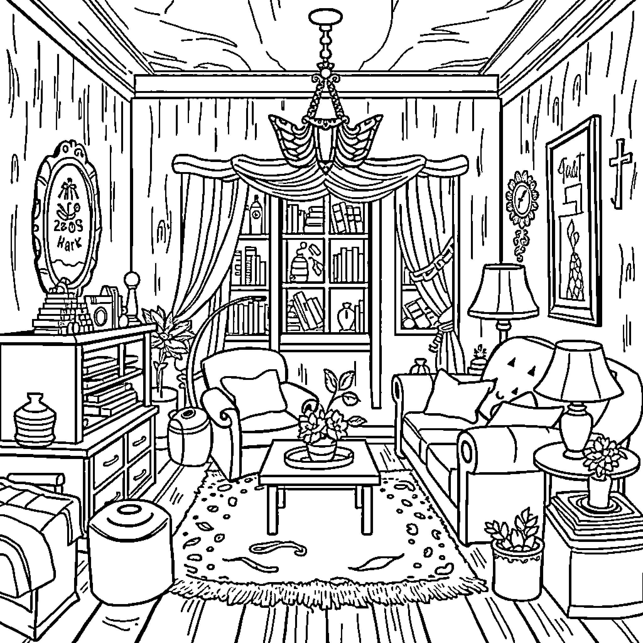 Find a Cozy Interior with Furnishings and Decor Coloring Page (free black-and-white line drawing printable PDF for all, from beginners to advanced learners, including children, teens, adults, and seniors)