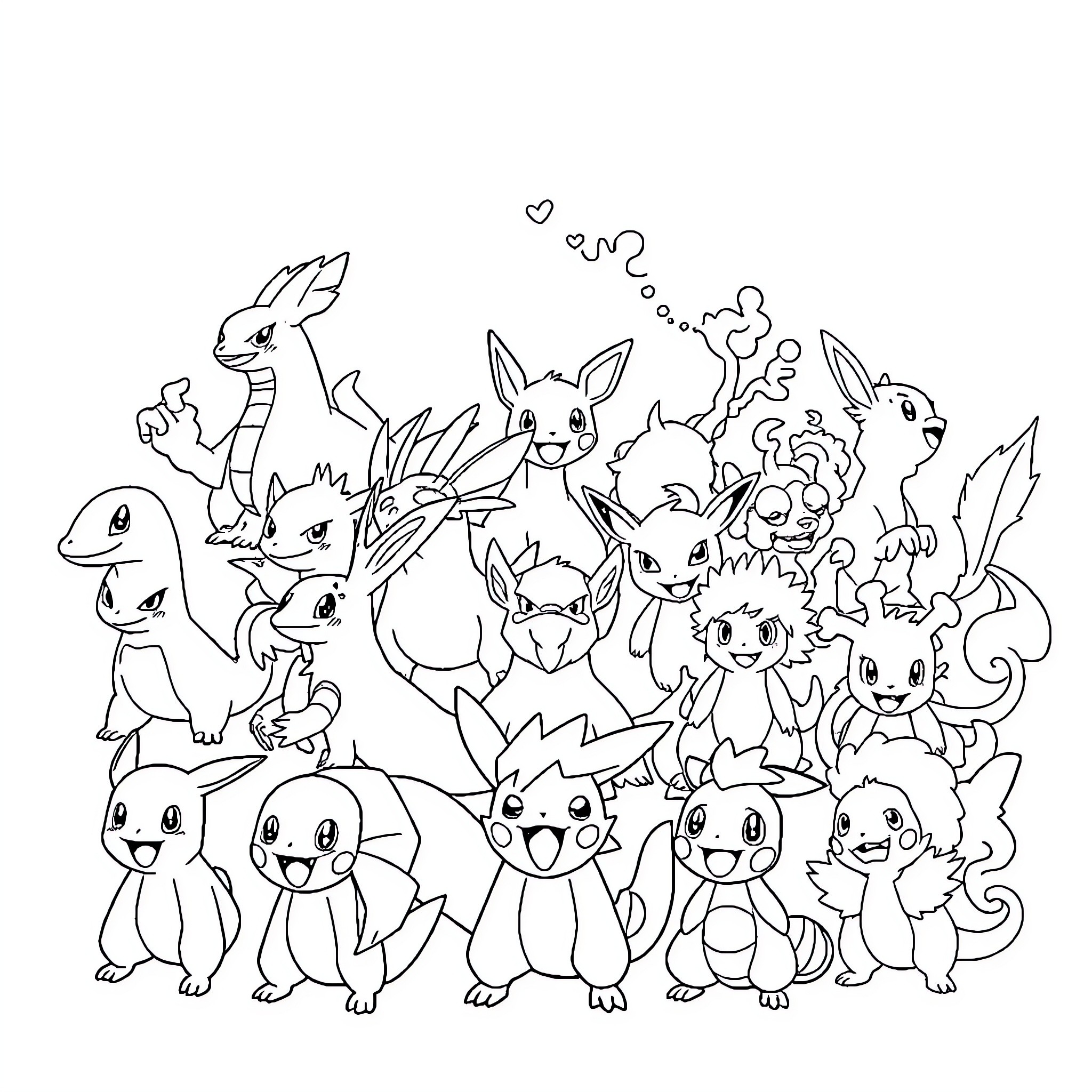 Pokémon characters in a playful scene Coloring Page (free black-and-white line drawing printable PDF for all, from beginners to advanced learners, including children, teens, adults, and seniors)