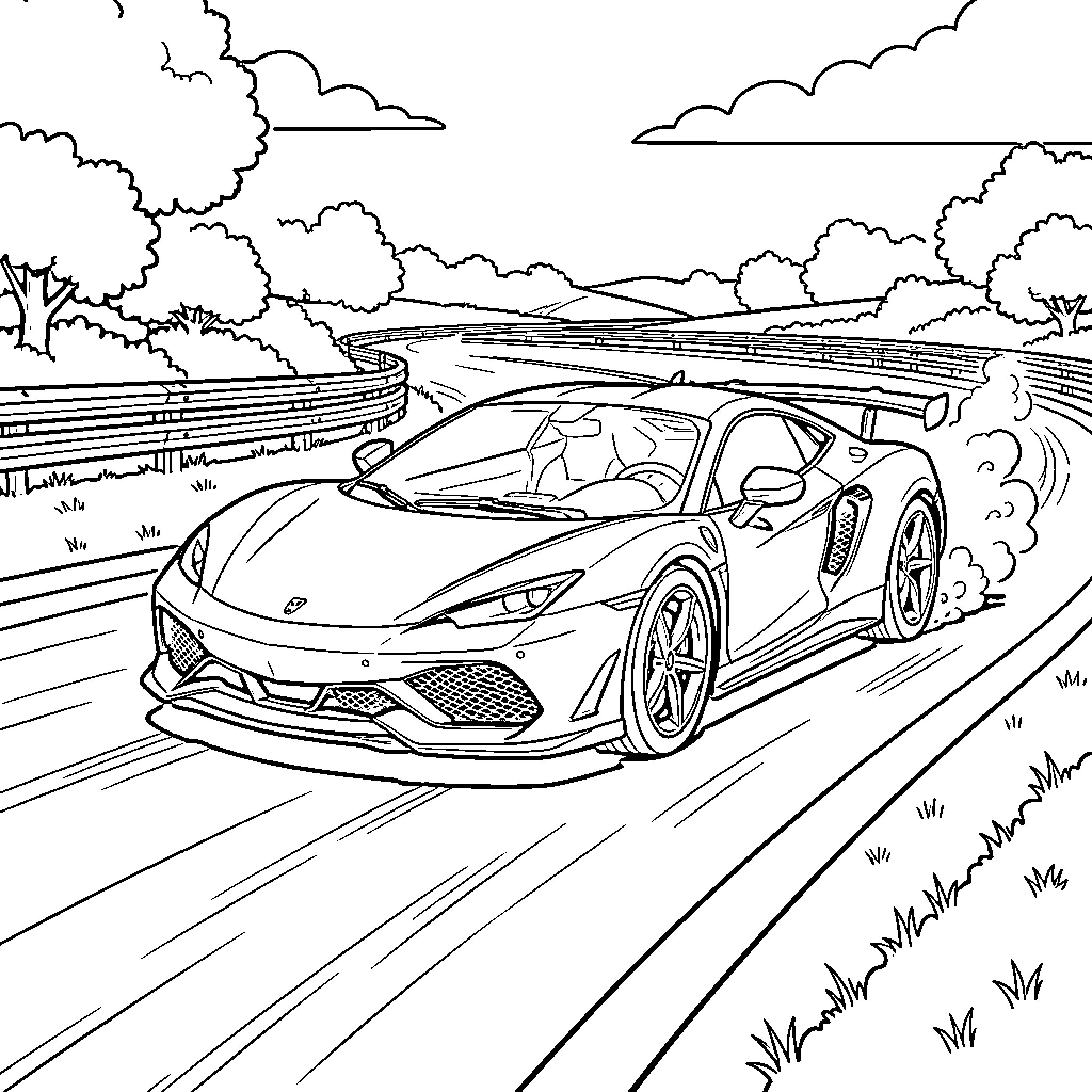 Sports Car speeding fast along a winding road Coloring Page (free black-and-white line drawing printable PDF for all, from beginners to advanced learners, including children, teens, adults, and seniors)