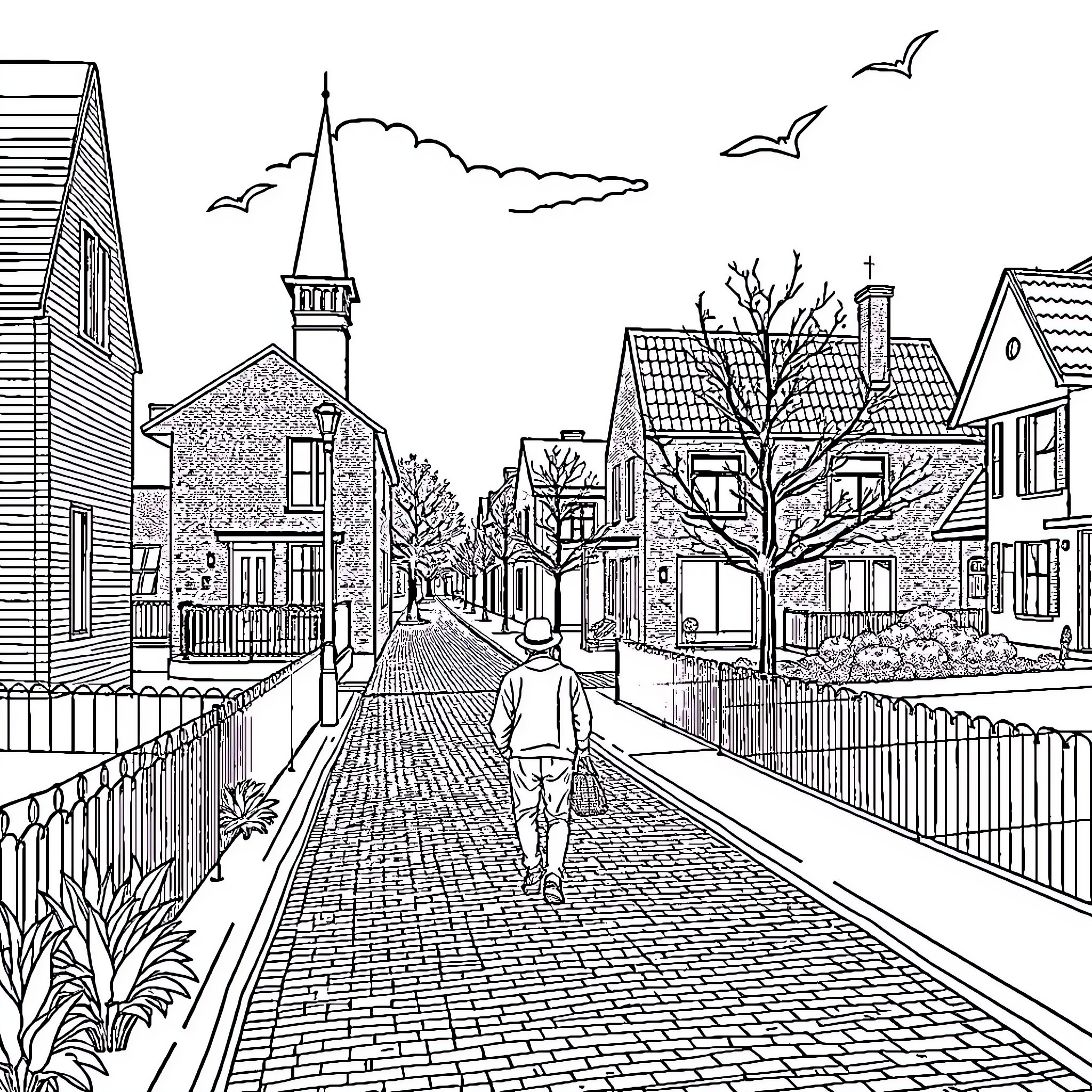 Man walking down a quaint village street Coloring Page (free black-and-white line drawing printable PDF for all, from beginners to advanced learners, including children, teens, adults, and seniors)