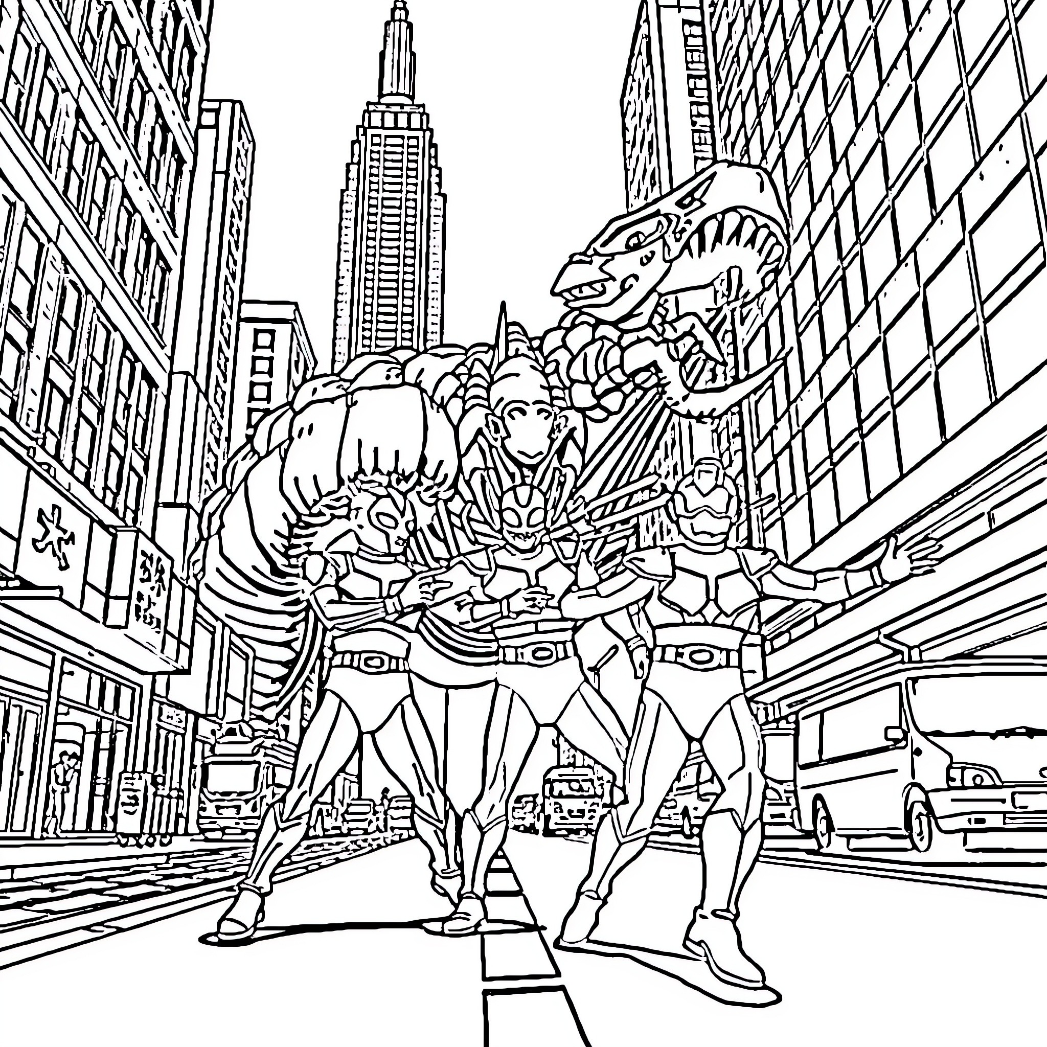 Ultraman team battles in the city Coloring Page (free black-and-white line drawing printable PDF for all, from beginners to advanced learners, including children, teens, adults, and seniors)
