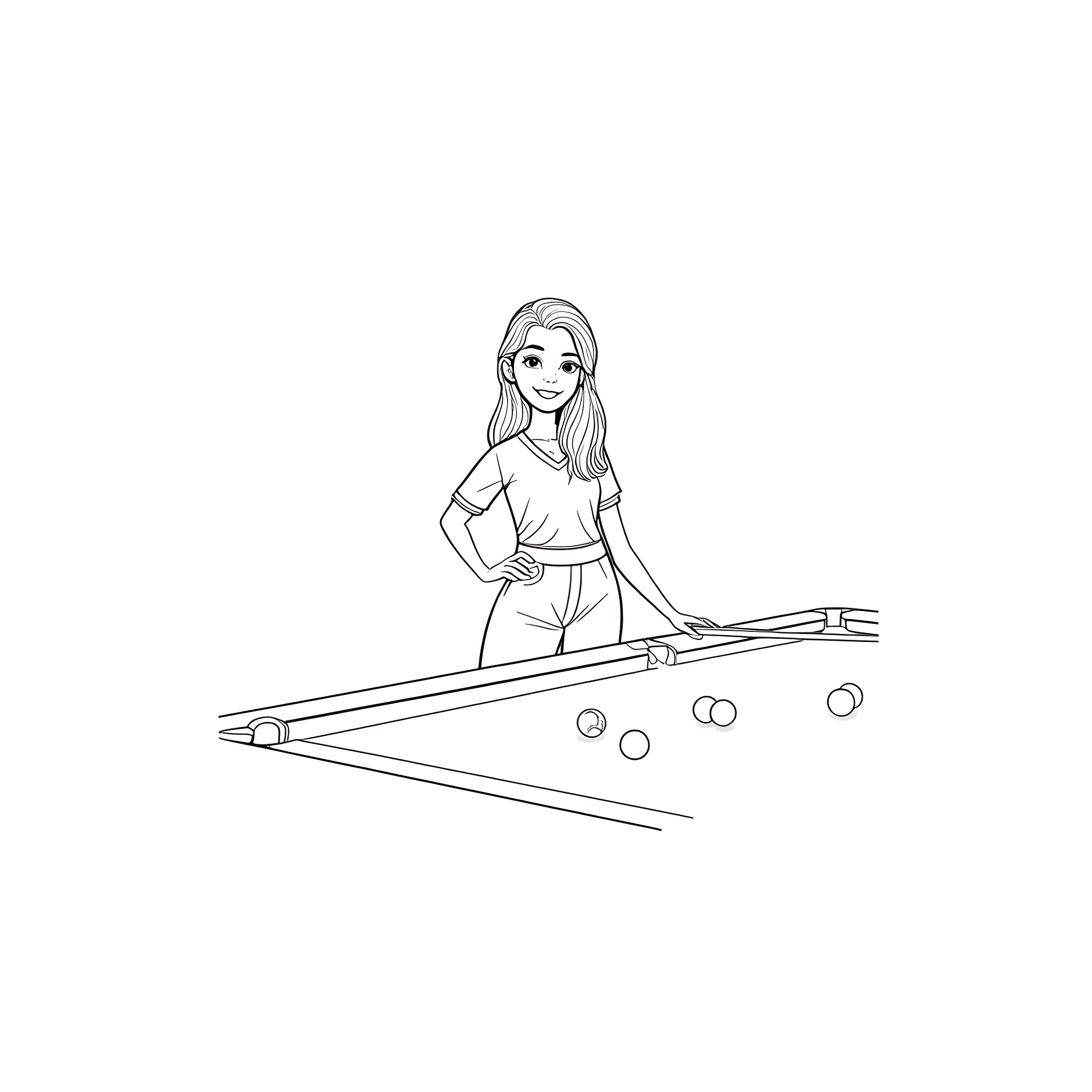 Pool Billiard Player Carefully Aims Her Shot Coloring Page (free black-and-white line drawing printable PDF for all, from beginners to advanced learners, including children, teens, adults, and seniors)