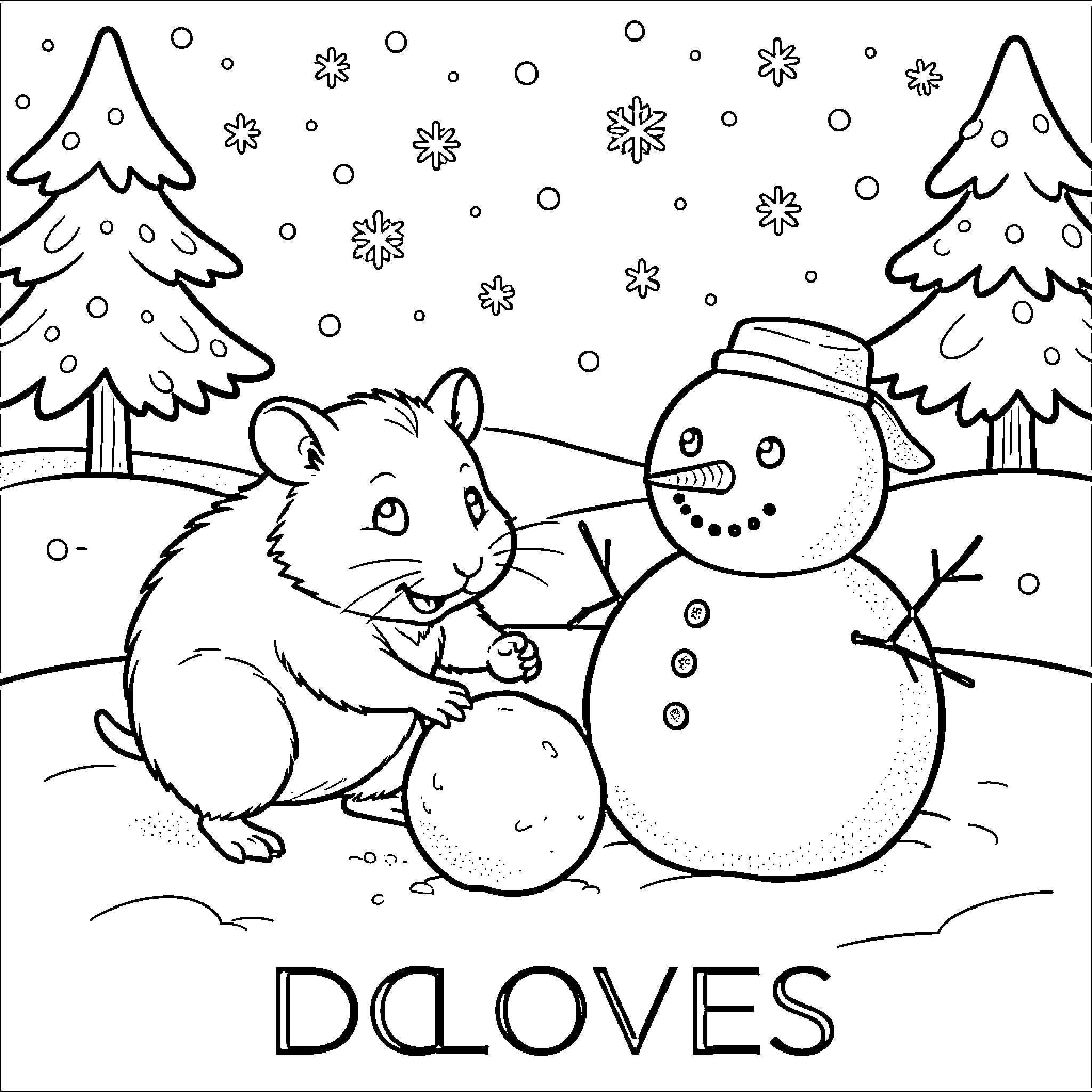 Hamster building a snowman in the snowy woods Coloring Page (free black-and-white line drawing printable PDF for all, from beginners to advanced learners, including children, teens, adults, and seniors)